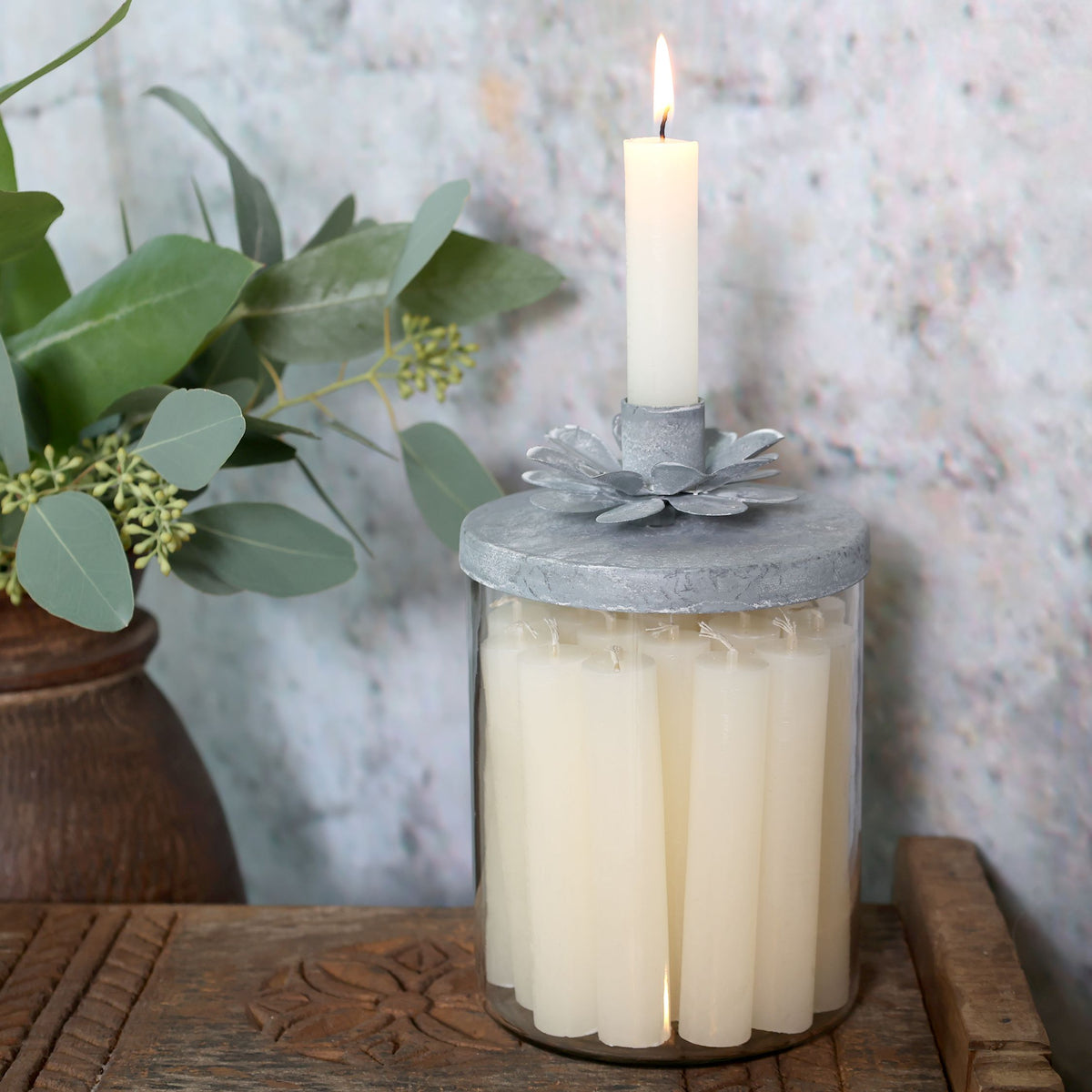 Kerzenständer mit Deckel aus Eisen und Glas, 18 cm hoch