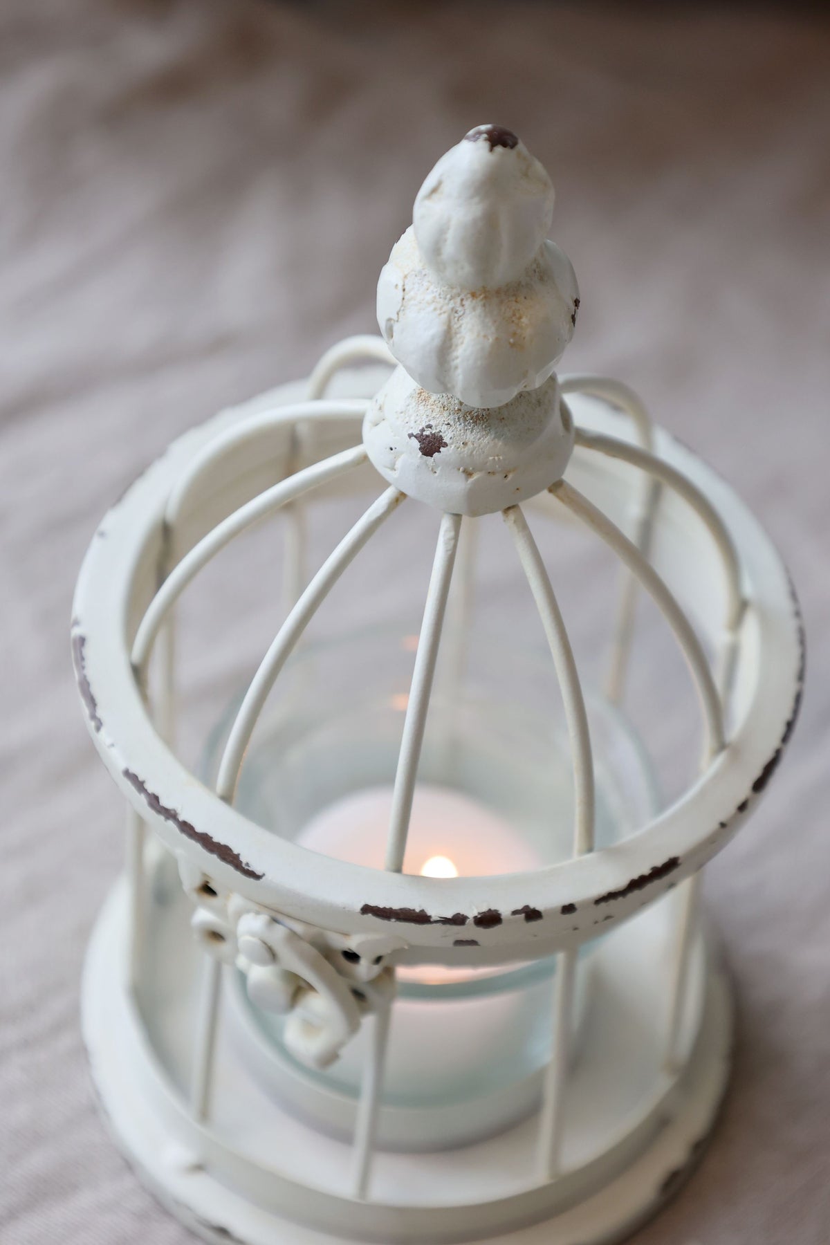 Teelichthalter Vogelkäfig, Eisen, antique creme, 14,5 cm