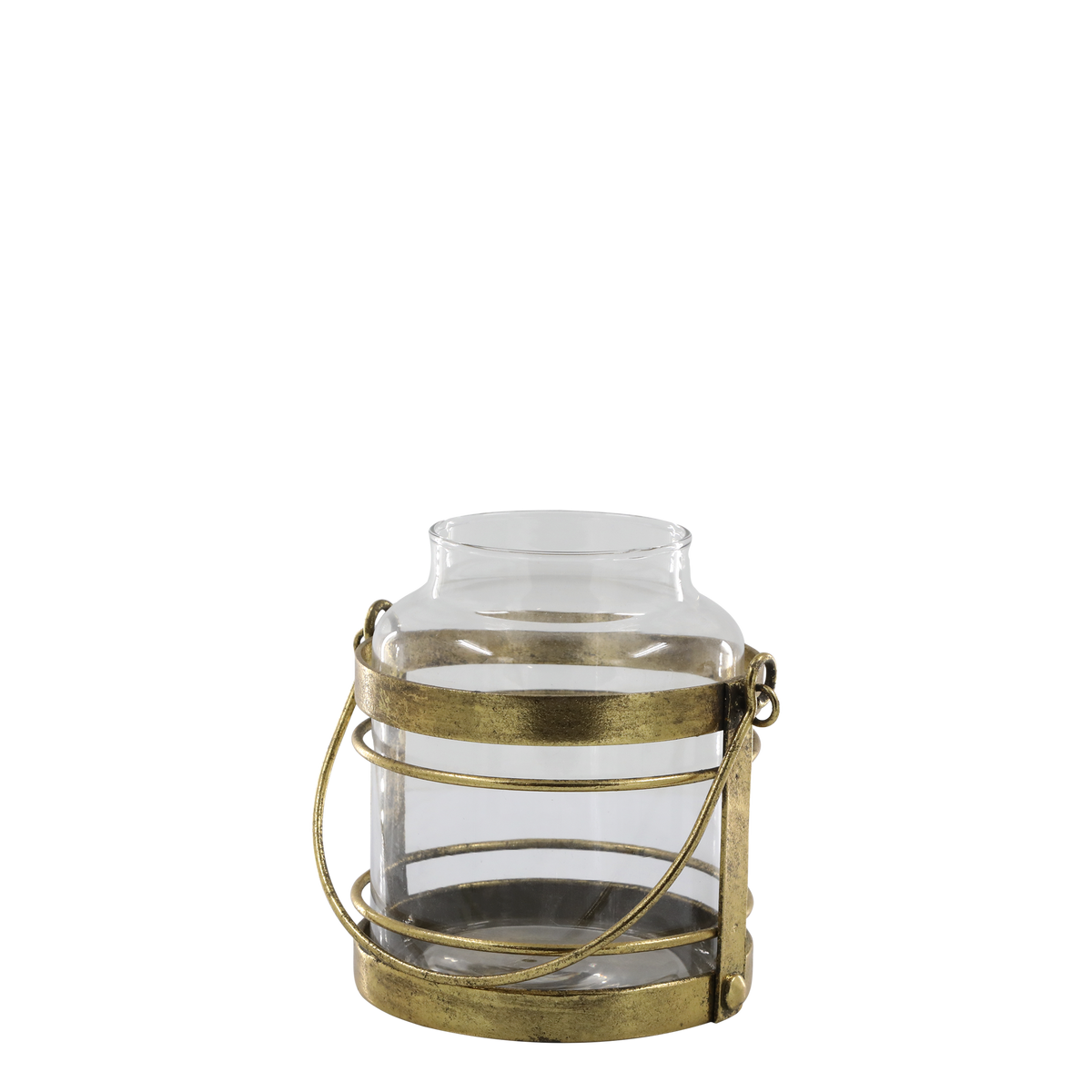 Windlicht aus Glas und Eisen, antik messing, 14 cm