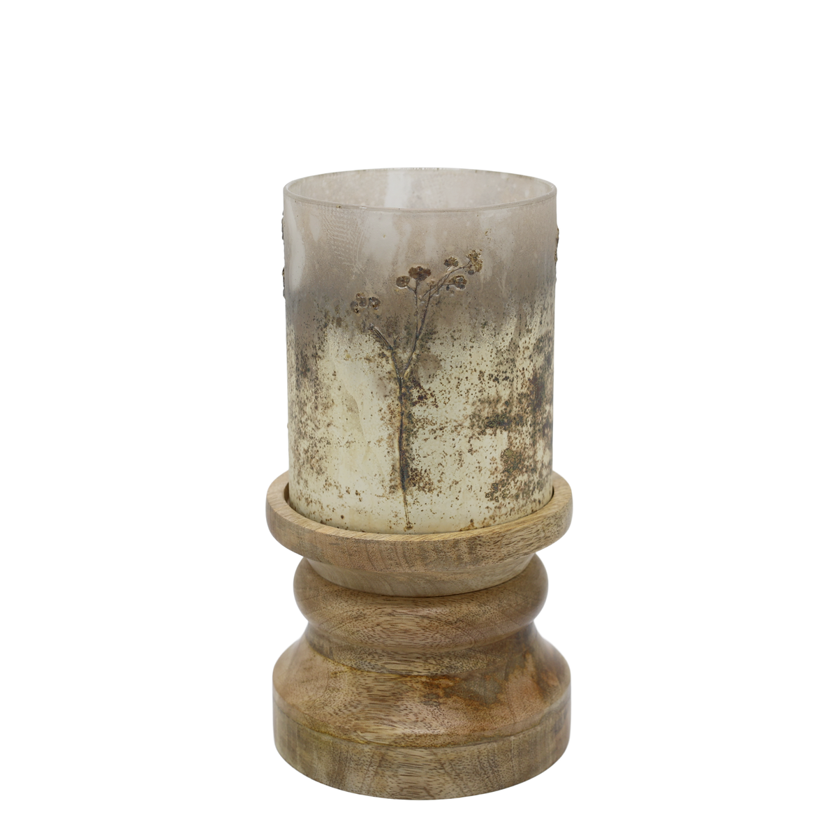 Kerzenständer aus Glas und Holz mit Blumendekor