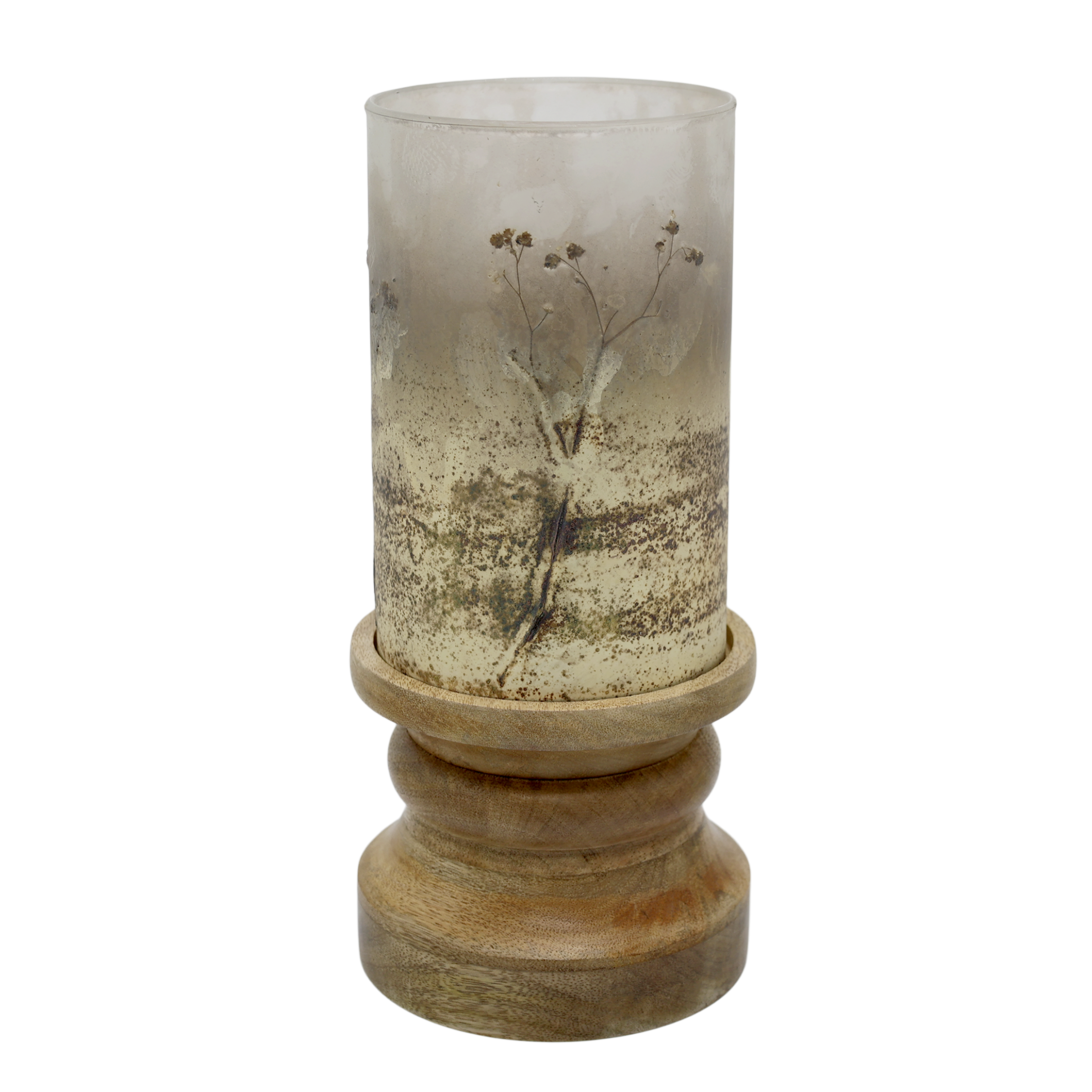 Kerzenständer aus Glas und Mangoholz mit Blütendekor
