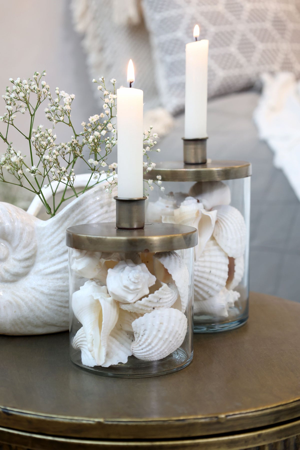 Kerzenständer mit Halter aus Glas und Eisen, antique messing