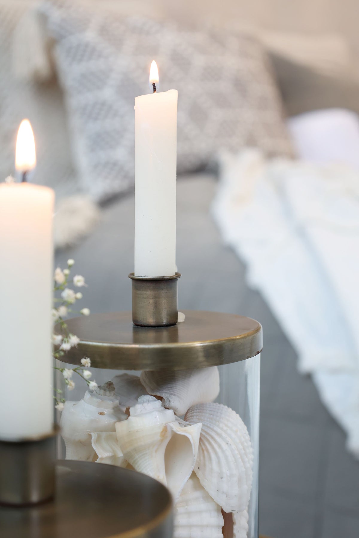 Kerzenständer mit Halter aus Glas und Eisen, antique messing