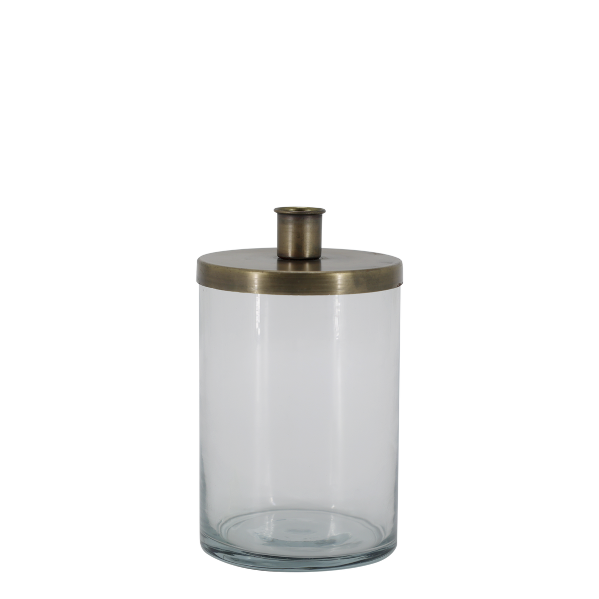 Kerzenständer mit Halter aus Glas und Eisen, antik messing