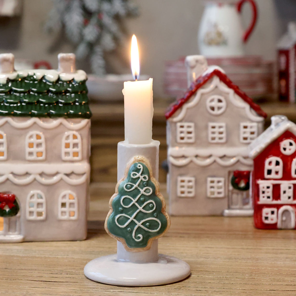 Kerzenständer mit Weihnachtsbaum, creme, 10 cm hoch