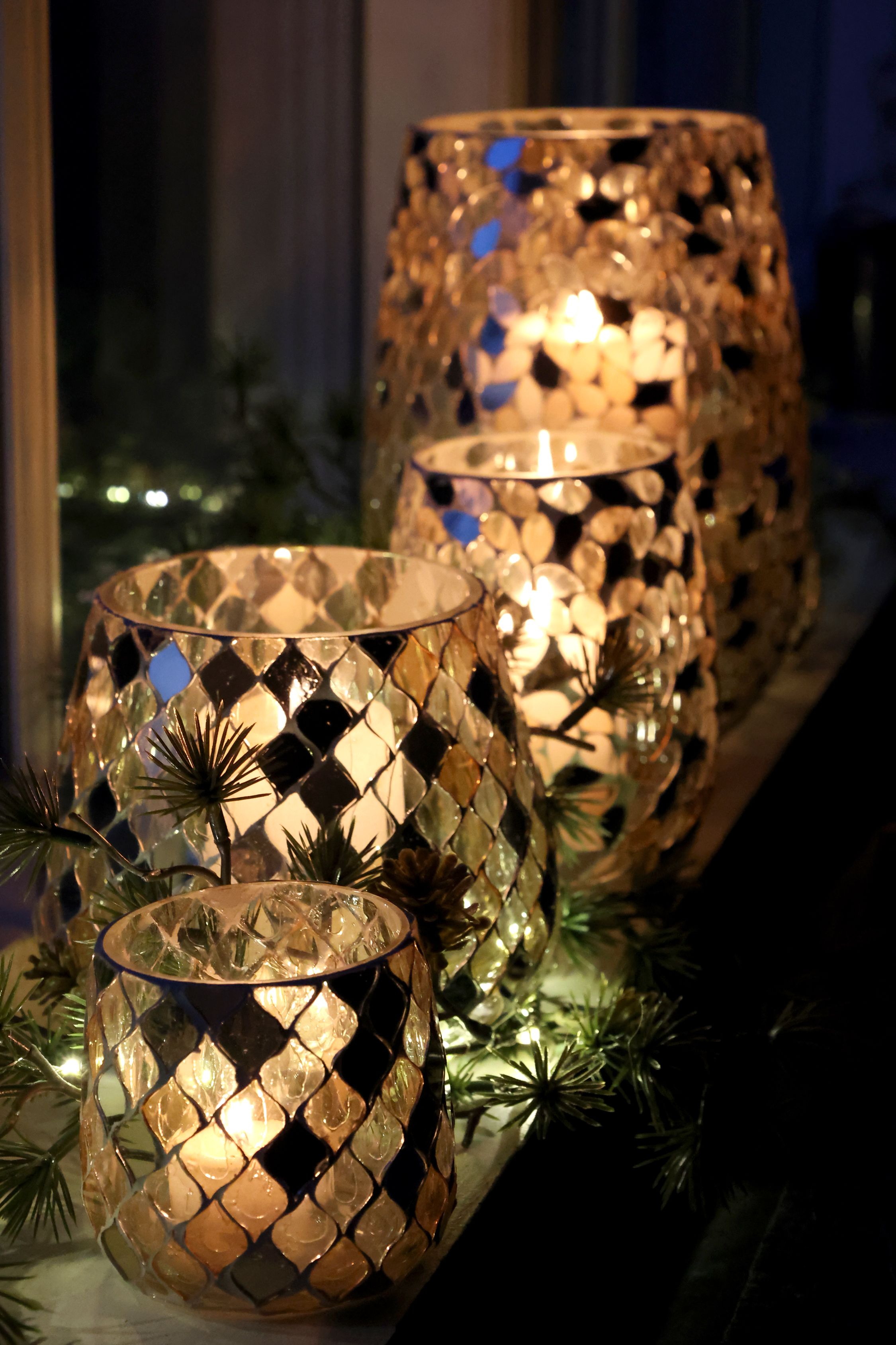 Windlicht Mosaik aus Glas, champagner, 8 cm hoch