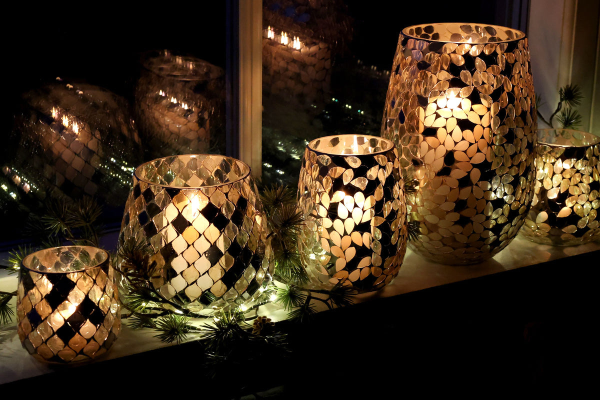 Windlicht Mosaik aus Glas, champagner, 12 cm hoch