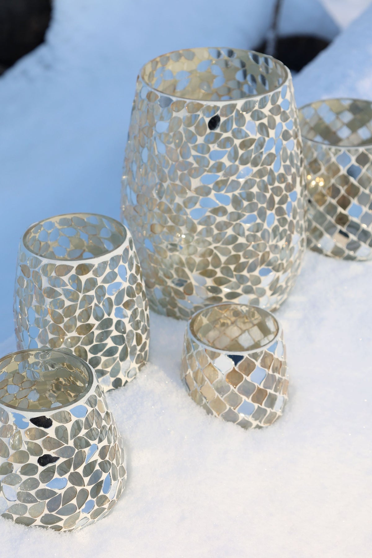 Windlicht Mosaik aus Glas, champagner, 12 cm hoch