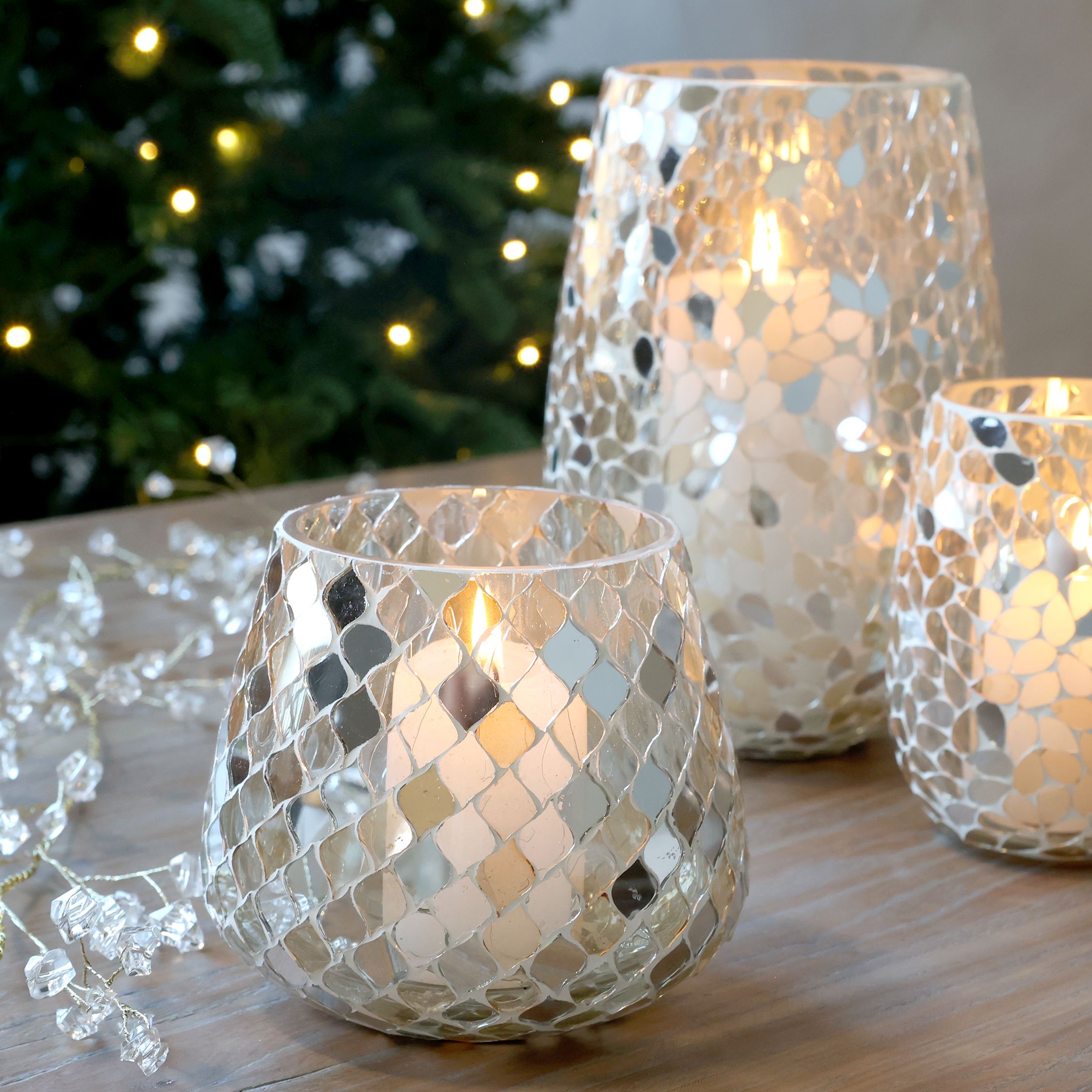 Windlicht Mosaik aus Glas, champagner, 13 cm hoch