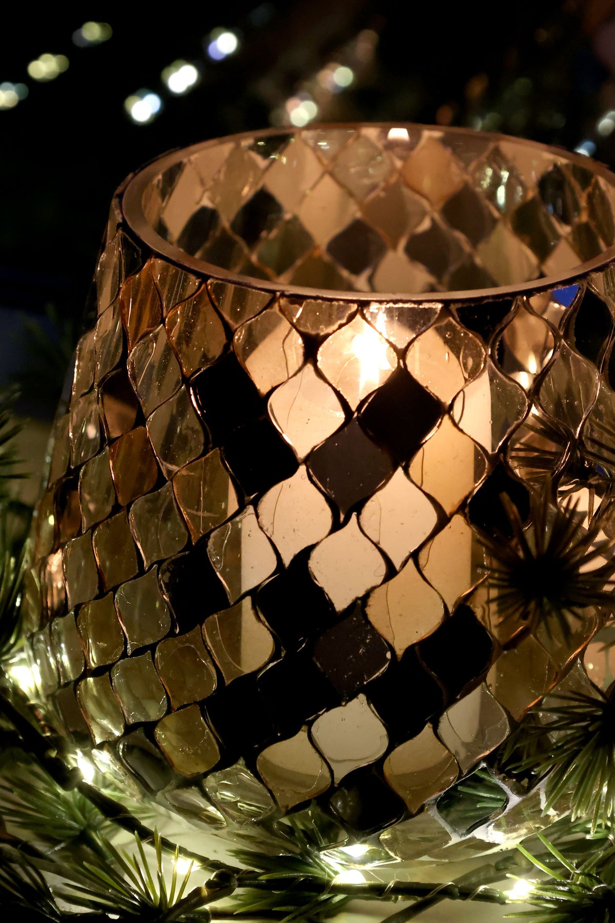Windlicht Mosaik aus Glas, champagner, 13 cm hoch