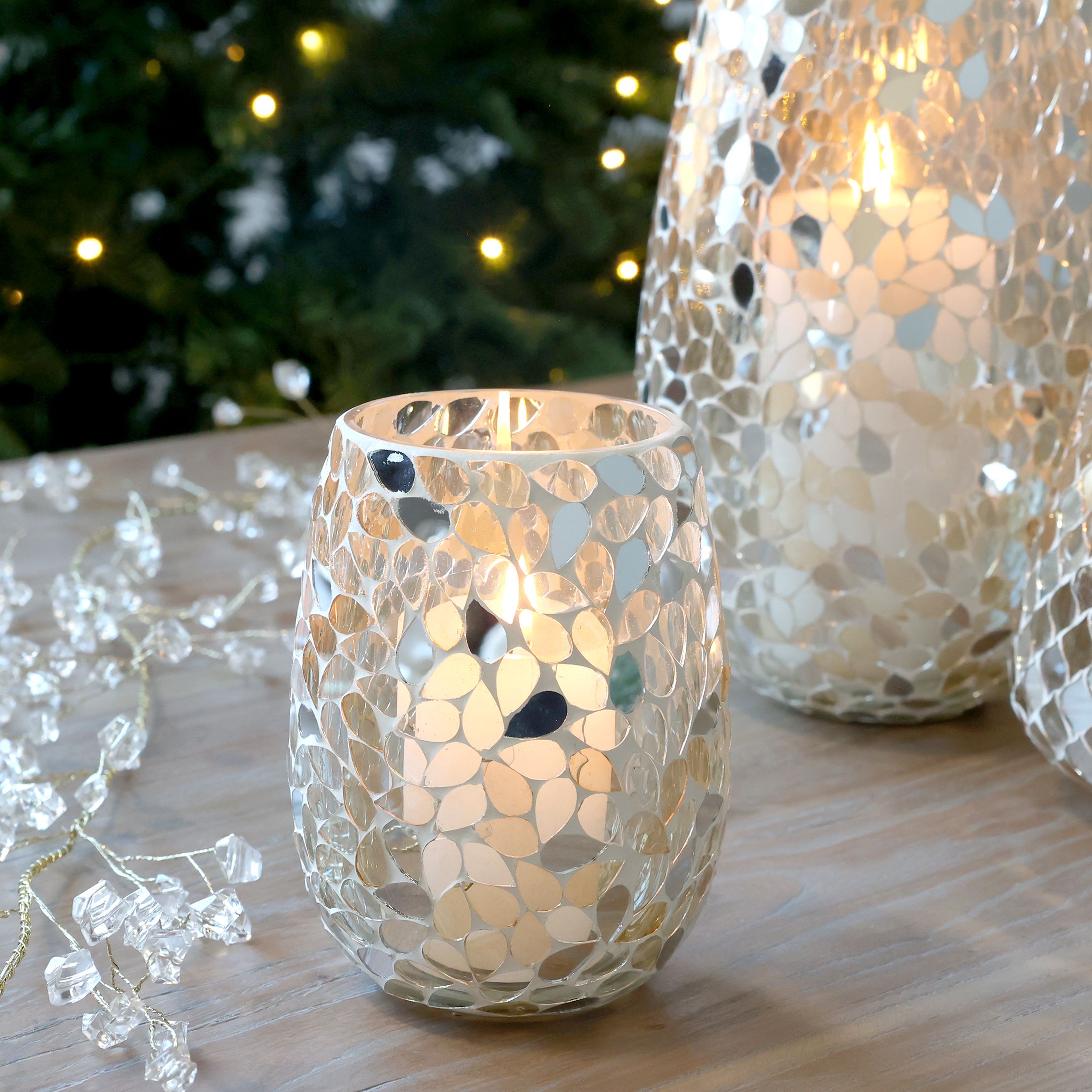 Windlicht Mosaik aus Glas, champagner, 14 cm hoch