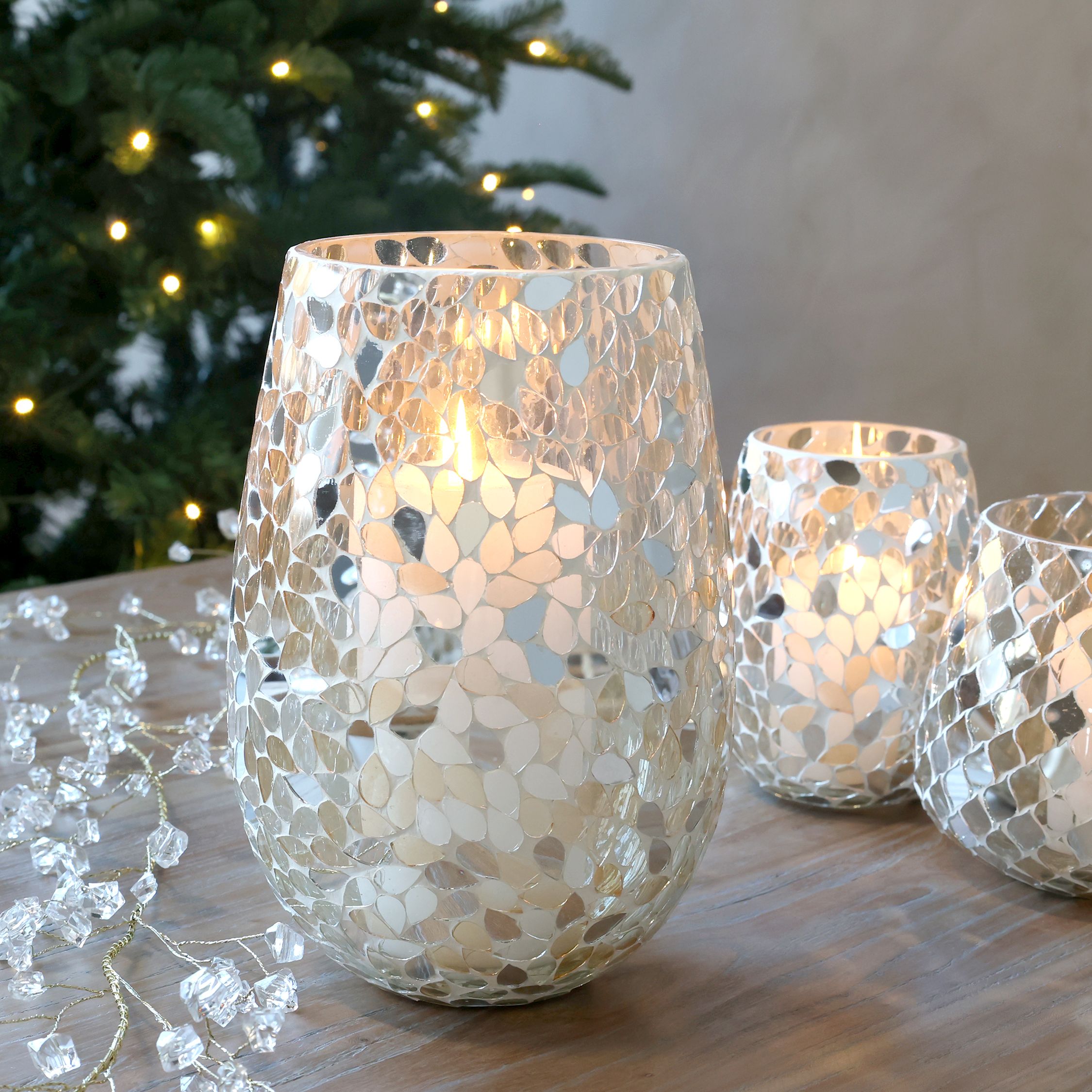 Windlicht Mosaik aus Glas, champagner, 23 cm hoch