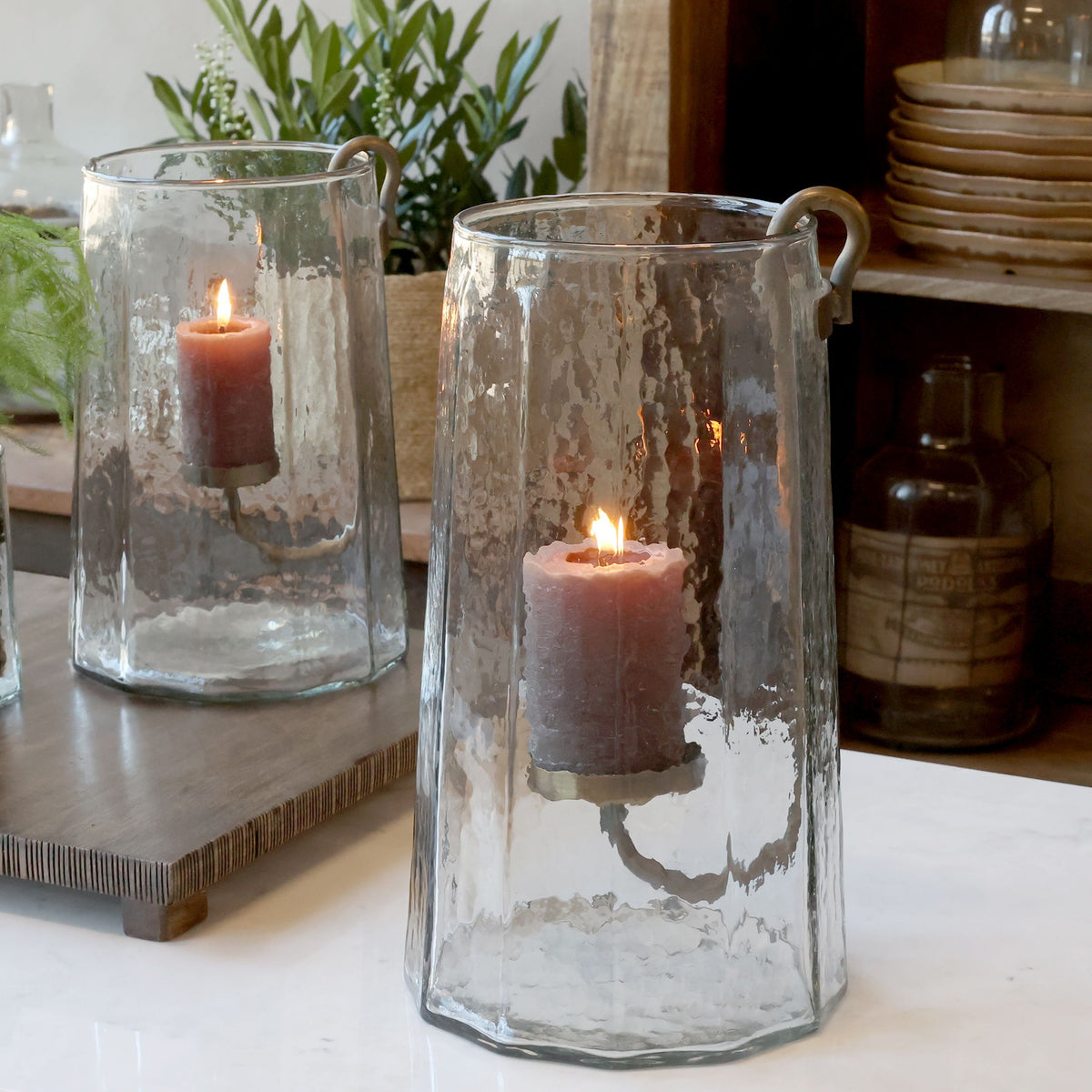 Windlicht aus Glas, 36 cm hoch, mit Kerzenhalter