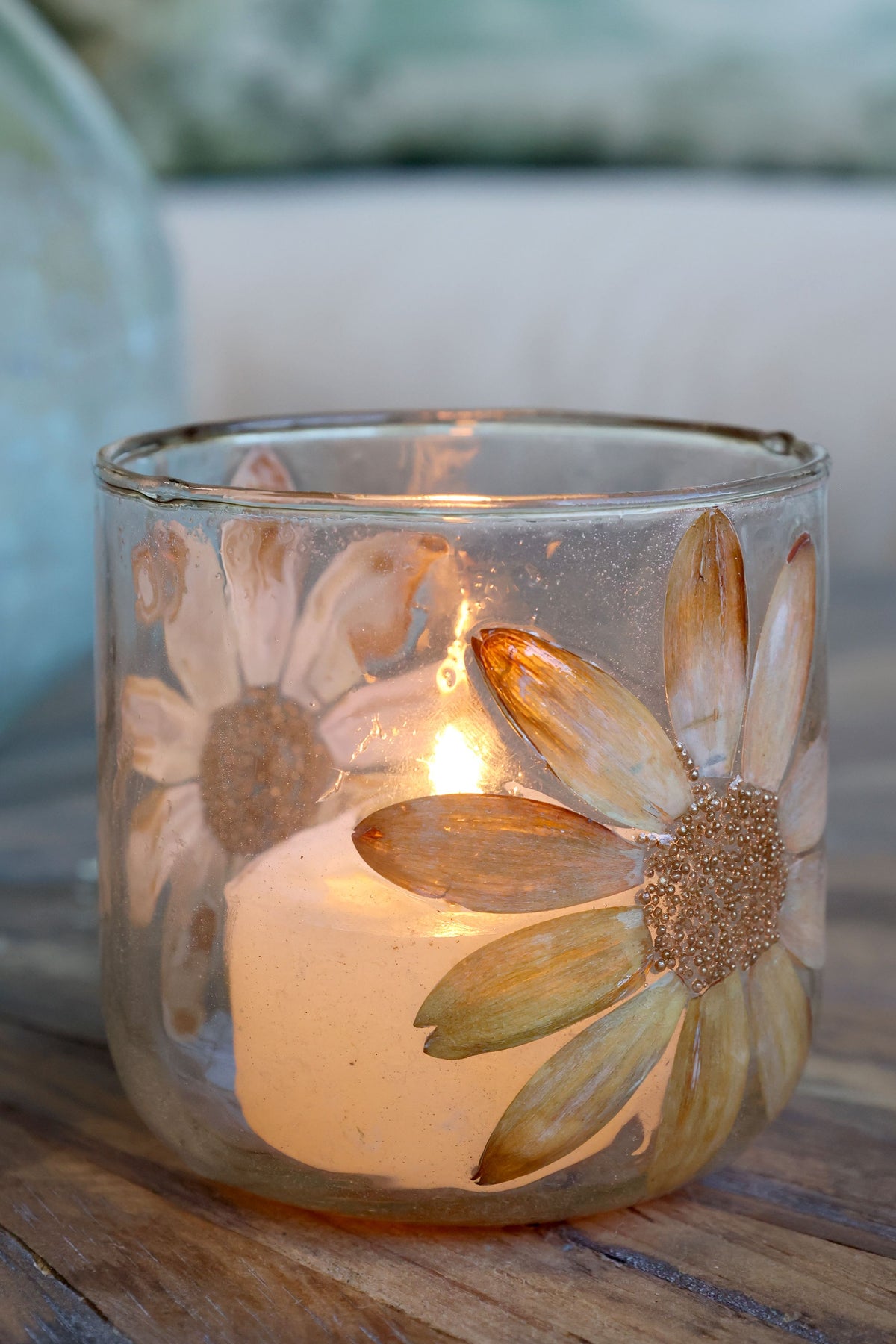 Windlicht Deko mit getrockneten Blumen, Glas 8 cm