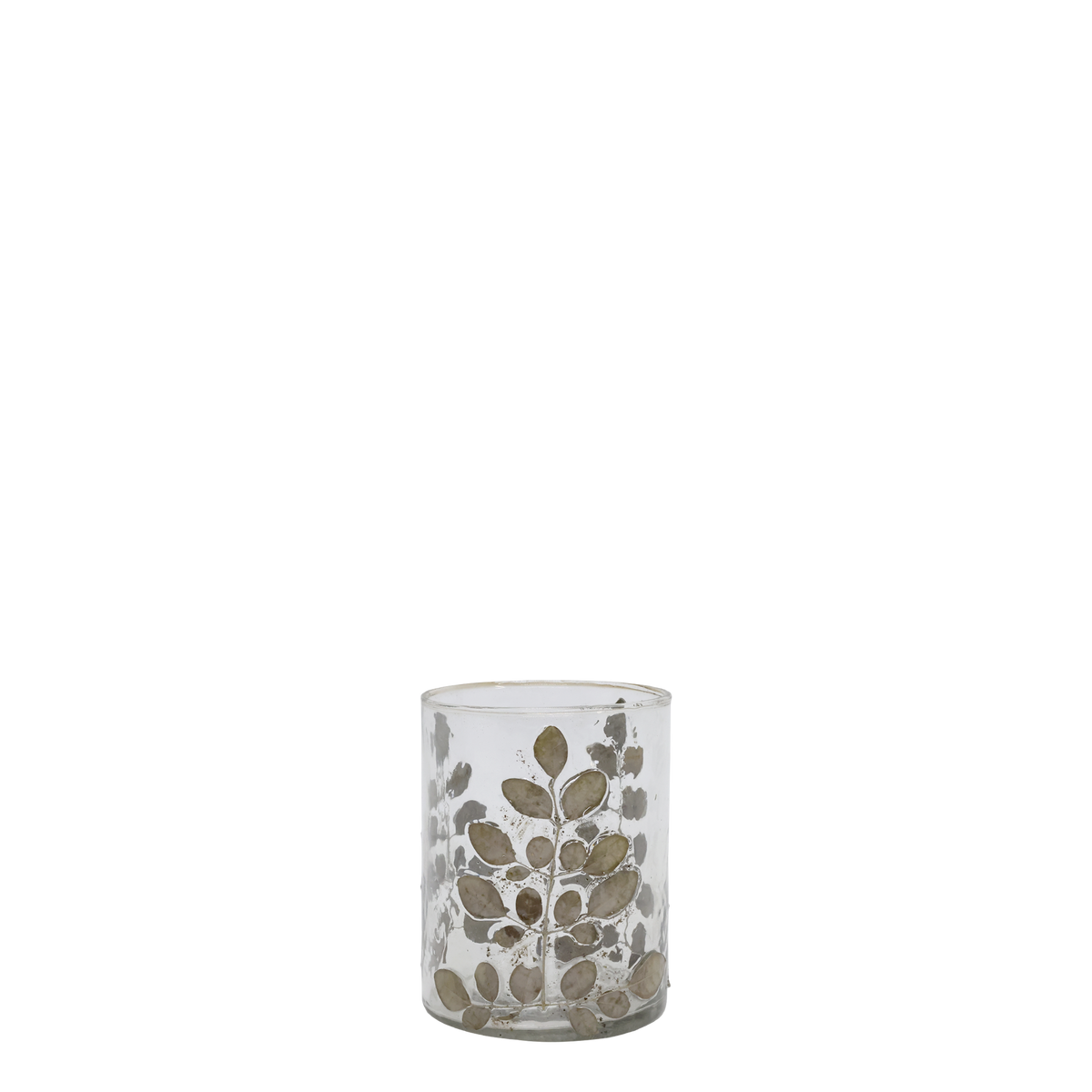 Windlicht Deko mit getrockneten Blättern, Glas, 10 cm