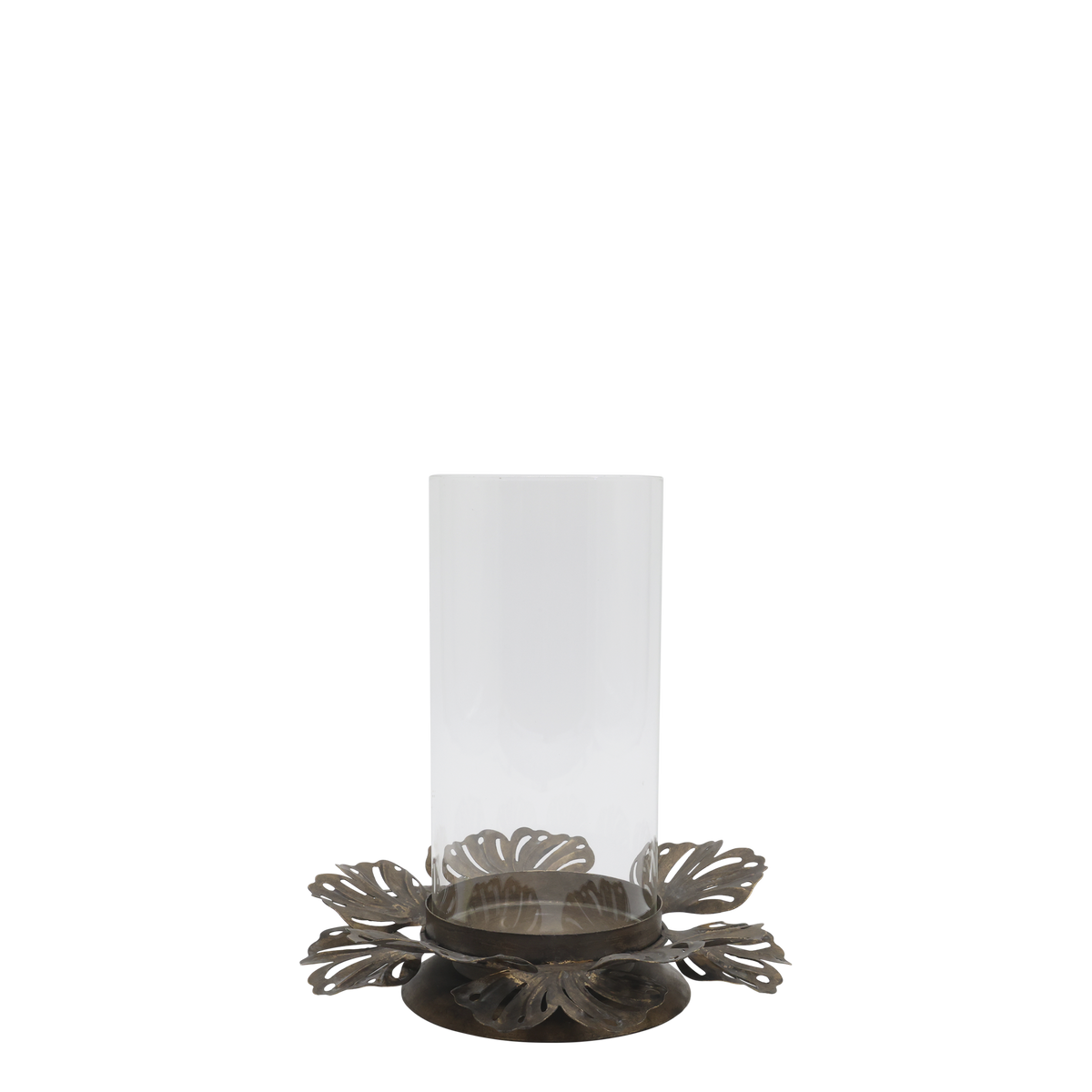 Windlicht aus Glas und Eisen, 22,5 cm hoch, antique messing