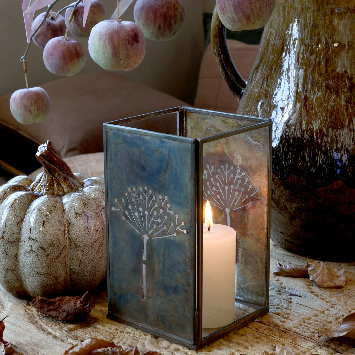 Windlicht aus Glas mit Blattmuster, 18,5 cm, antique messing