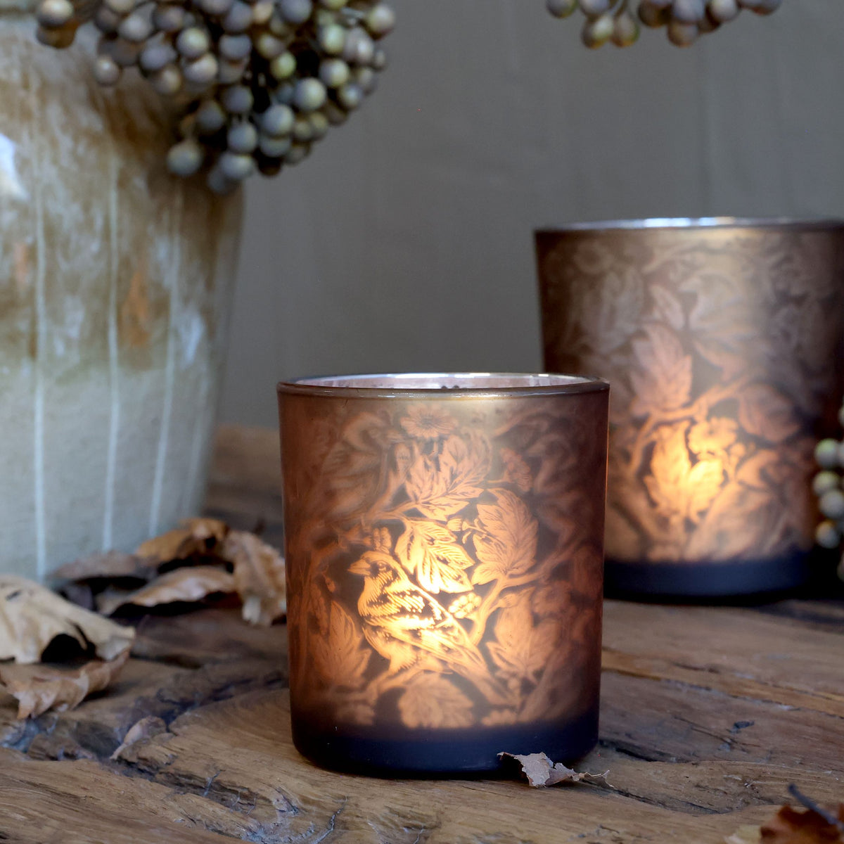 Windlicht aus Glas mit Muster, messingfarben, 8 cm hoch