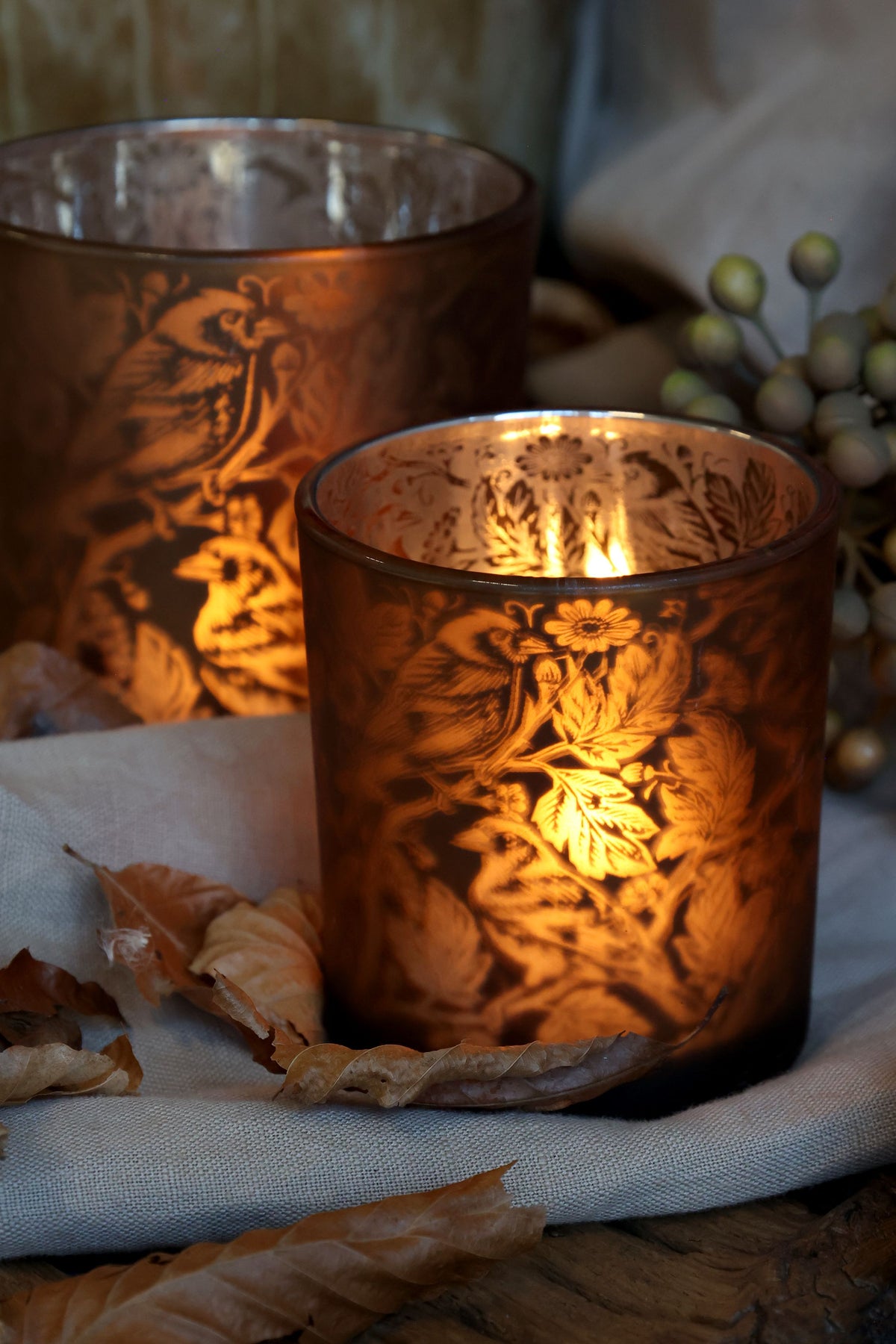 Windlicht aus Glas mit Muster, messingfarben, 10 cm hoch