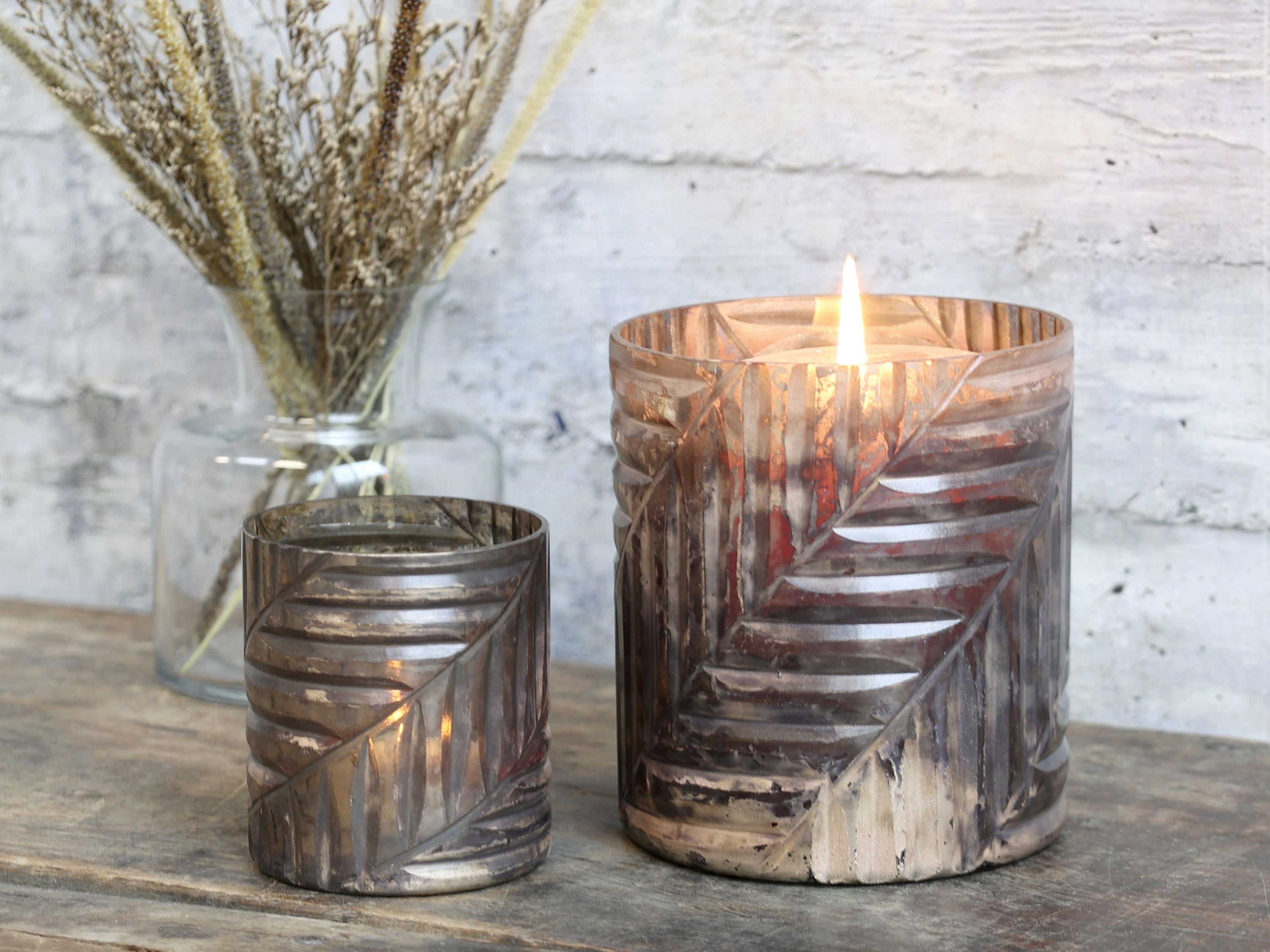 Windlicht aus Glas mit Schliff, 12 cm hoch, Mokka