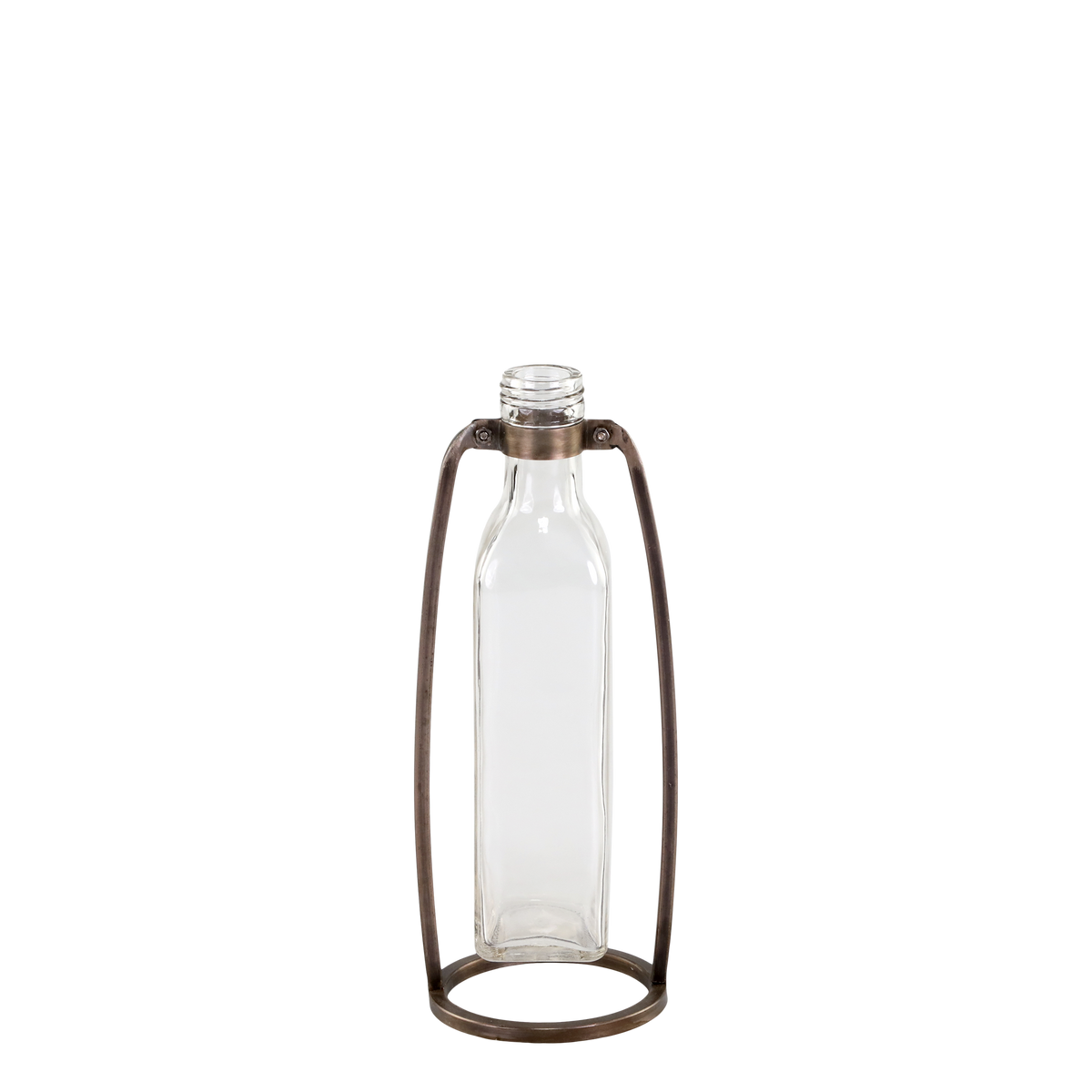 Flasche mit Henkel aus Glas und Eisen, 23,5 cm hoch