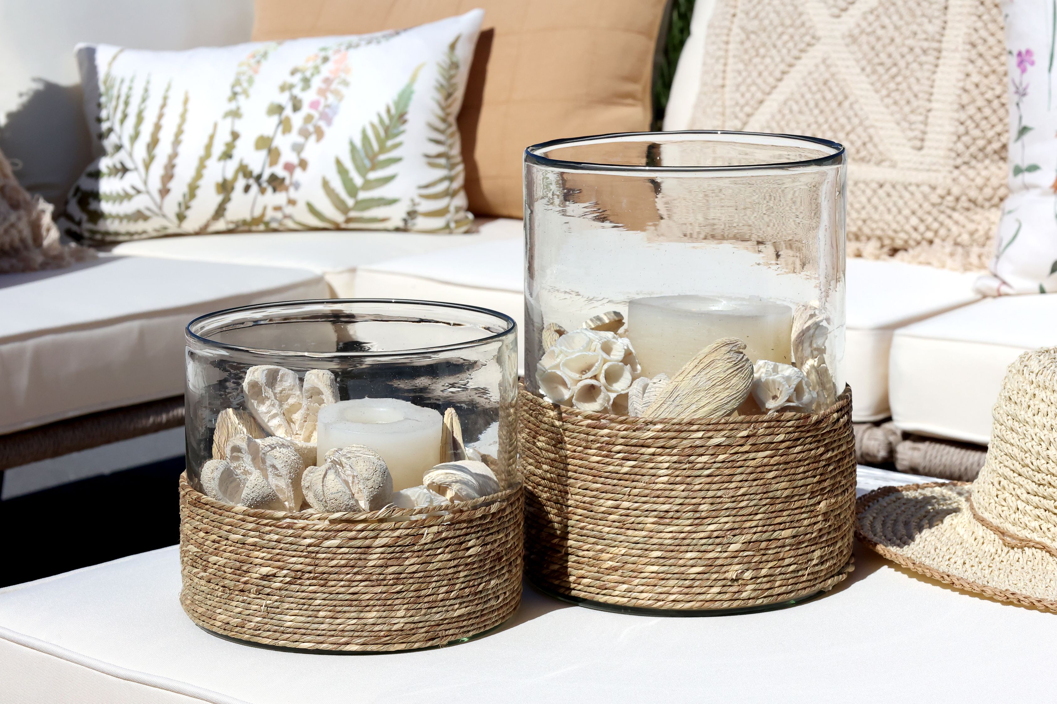 Windlicht Glas mit Jutegeflecht, 26 cm hoch, natur