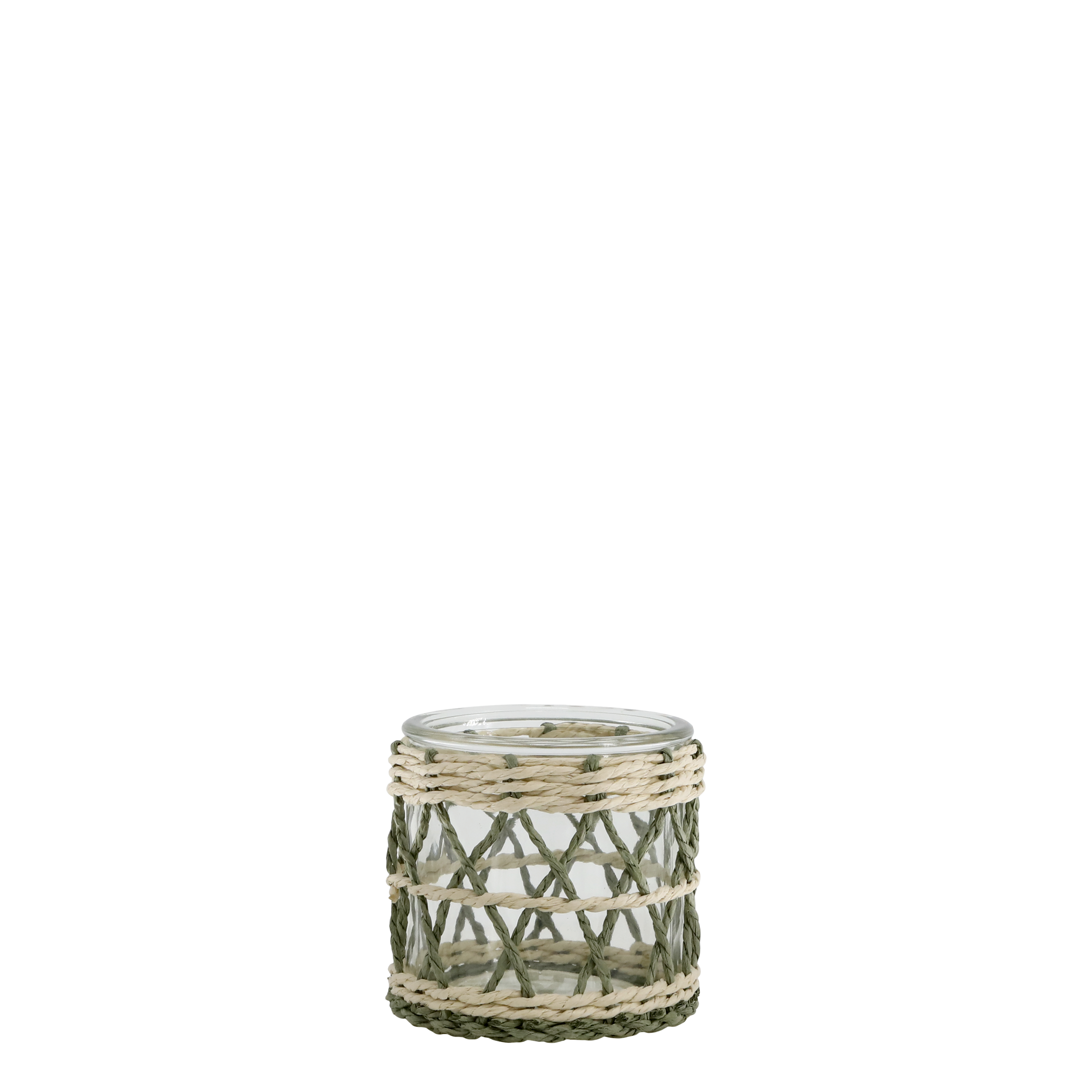 Windlicht aus Glas mit geflochtener Schnur, 8 cm hoch