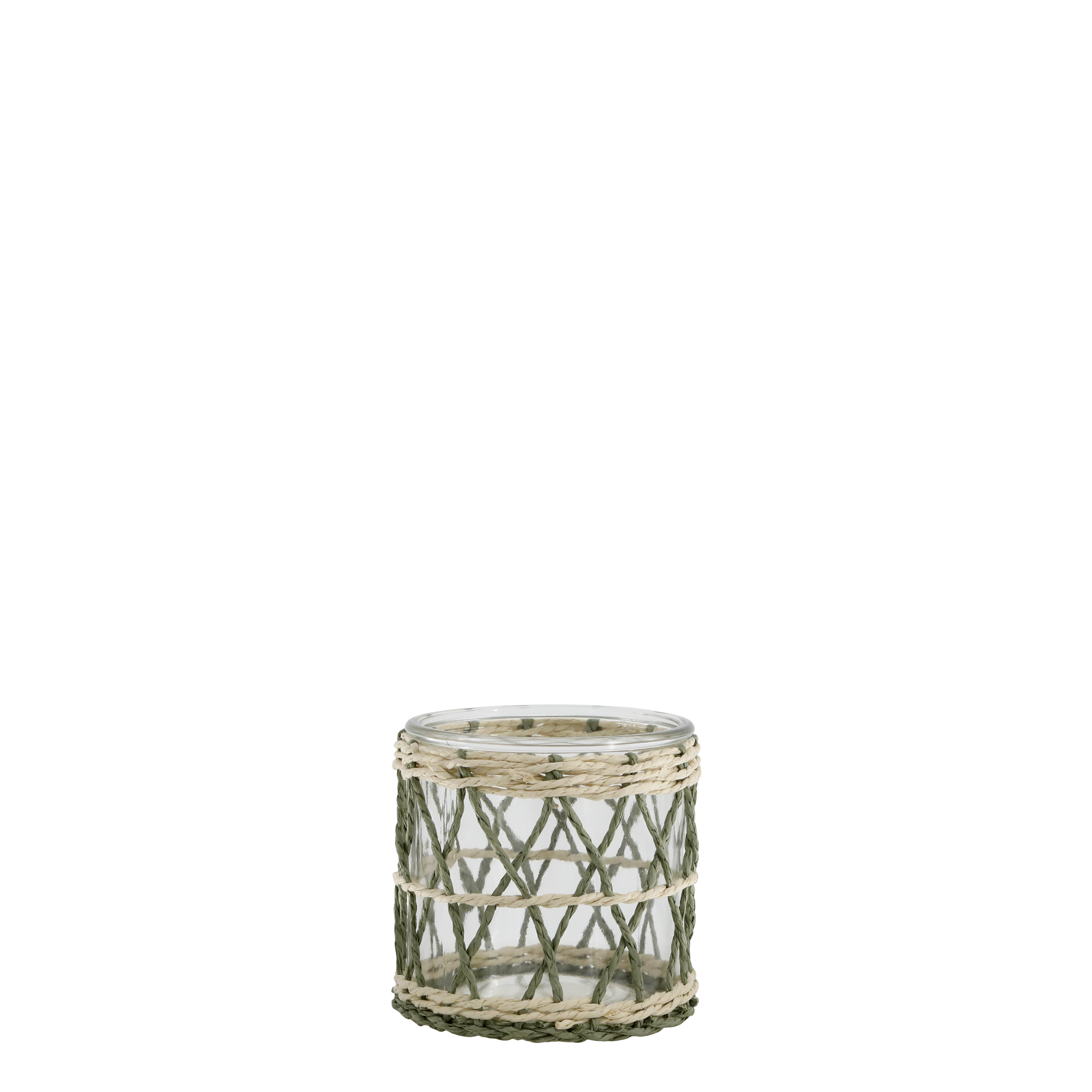 Windlicht aus Glas mit geflochtener Schnur, 10 cm hoch
