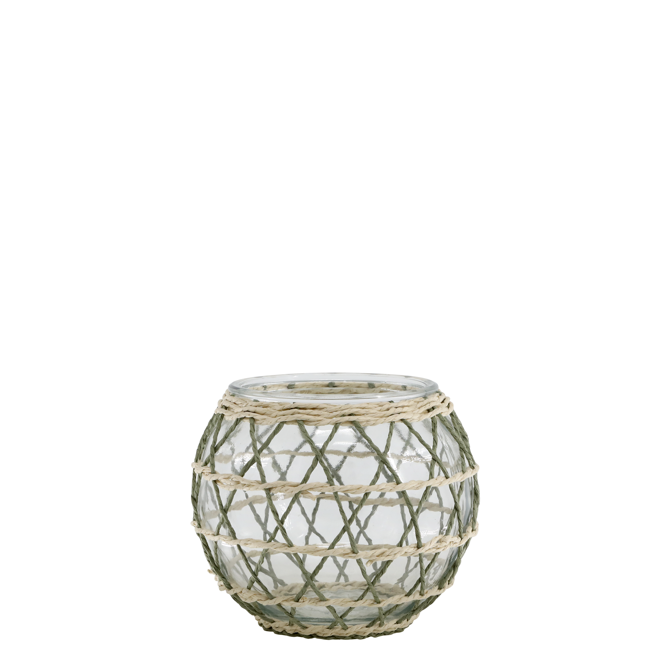 Windlicht aus Glas mit geflochtener Schnur, 13 cm hoch