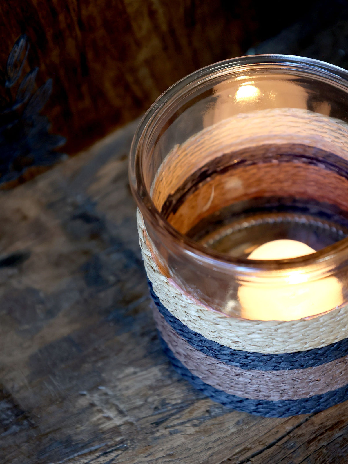Windlicht aus Glas mit Kordel, mocca/latte, 10 cm