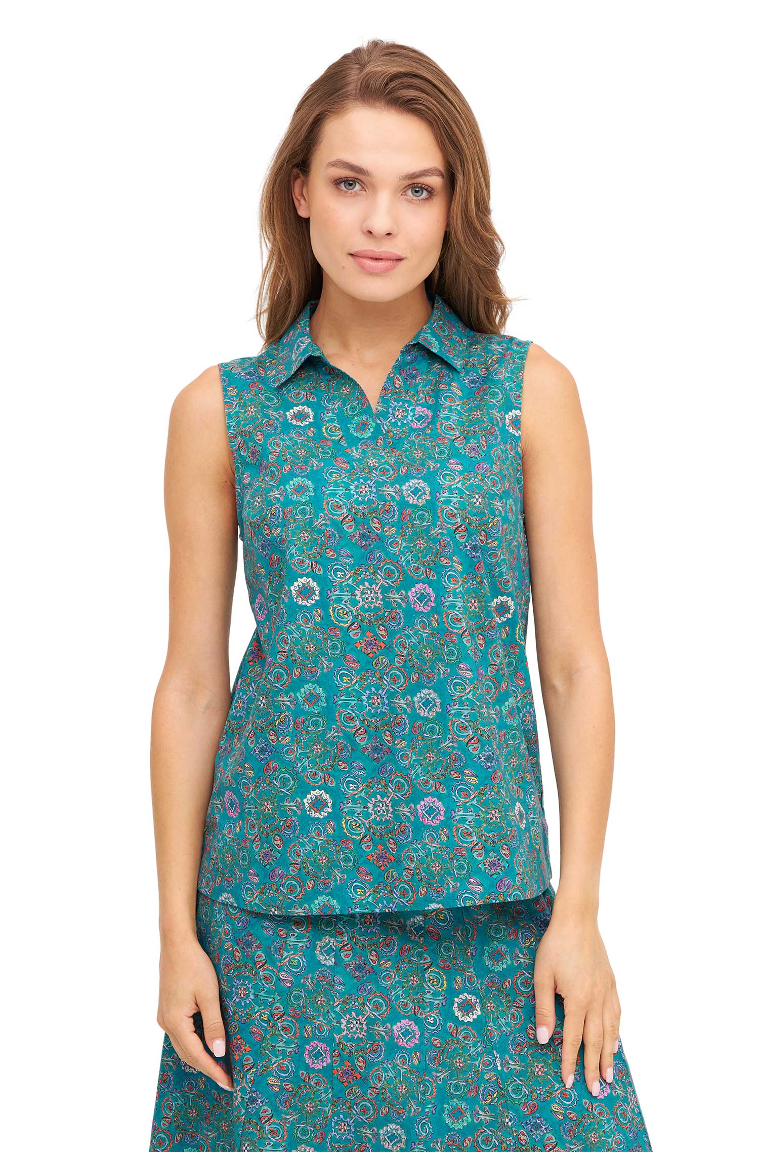 Ärmellose Bluse FLORAL ETHNO aus Bio-Pima-Baumwolle