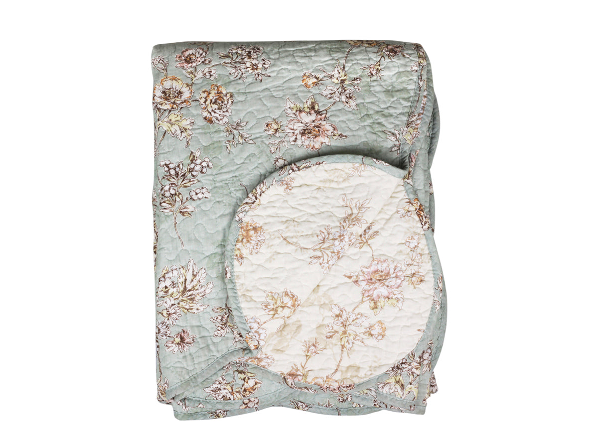 Quilt w. flowers L180/W130 cm verte