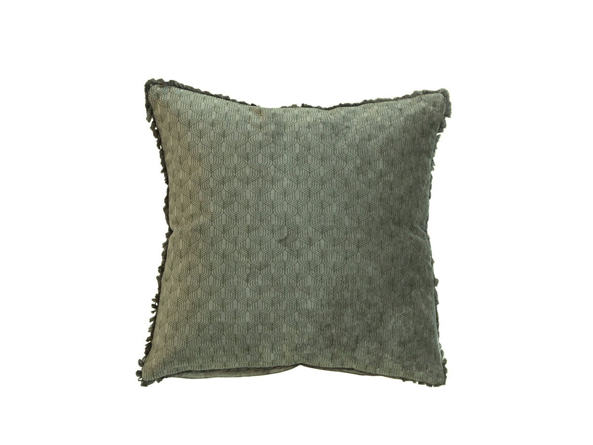Moulin Cushion velour w pattern & fringe L40/W40 cm olive green