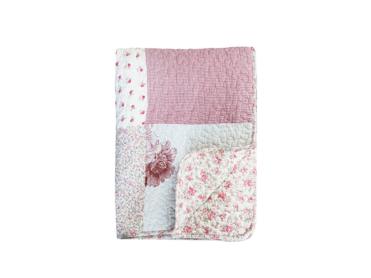 Quilt w. flowerprint & lace ribbon L180/W130 cm antique rose