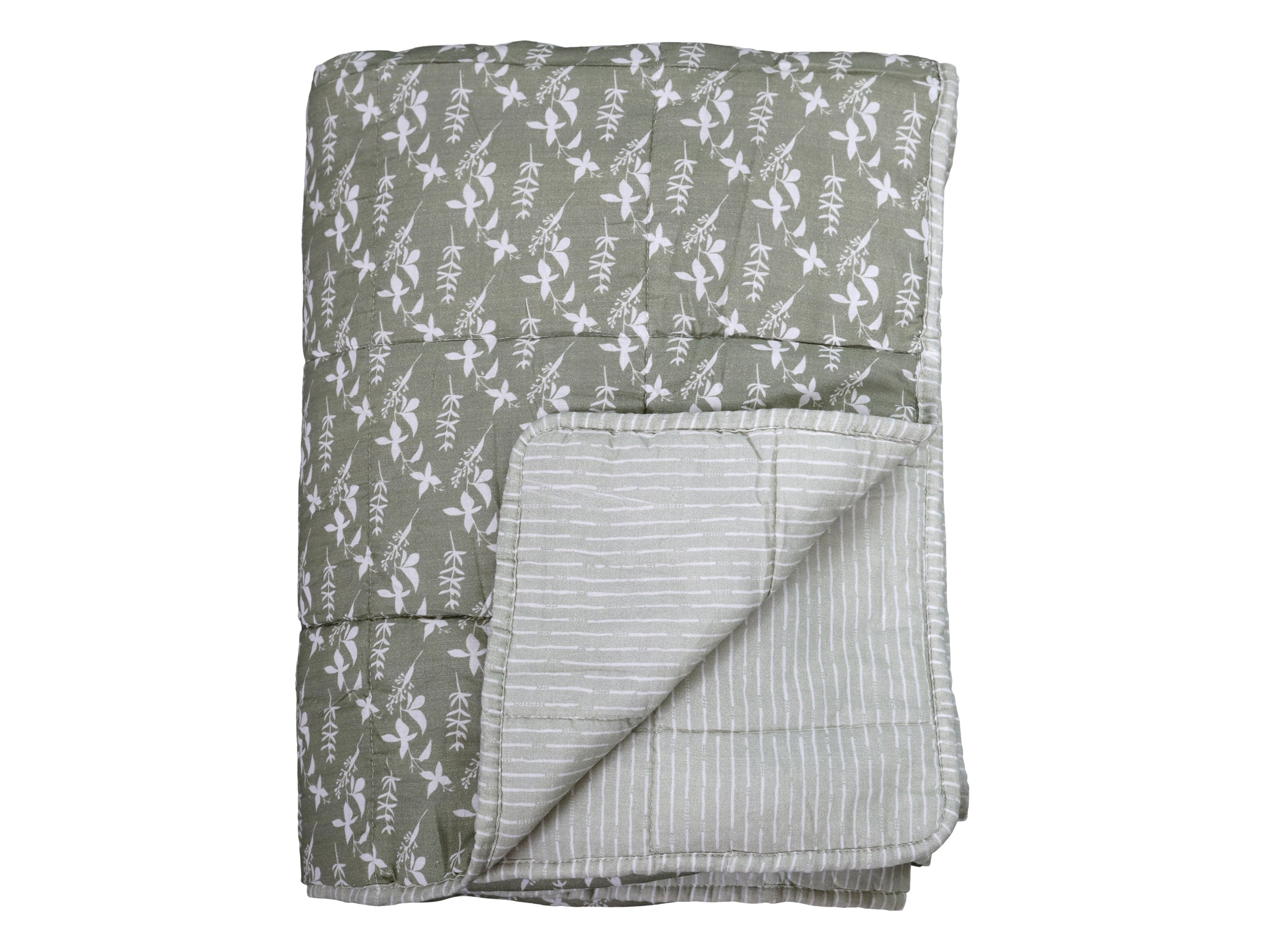 Quilt w. flowers and stripes L180/W130 cm verte
