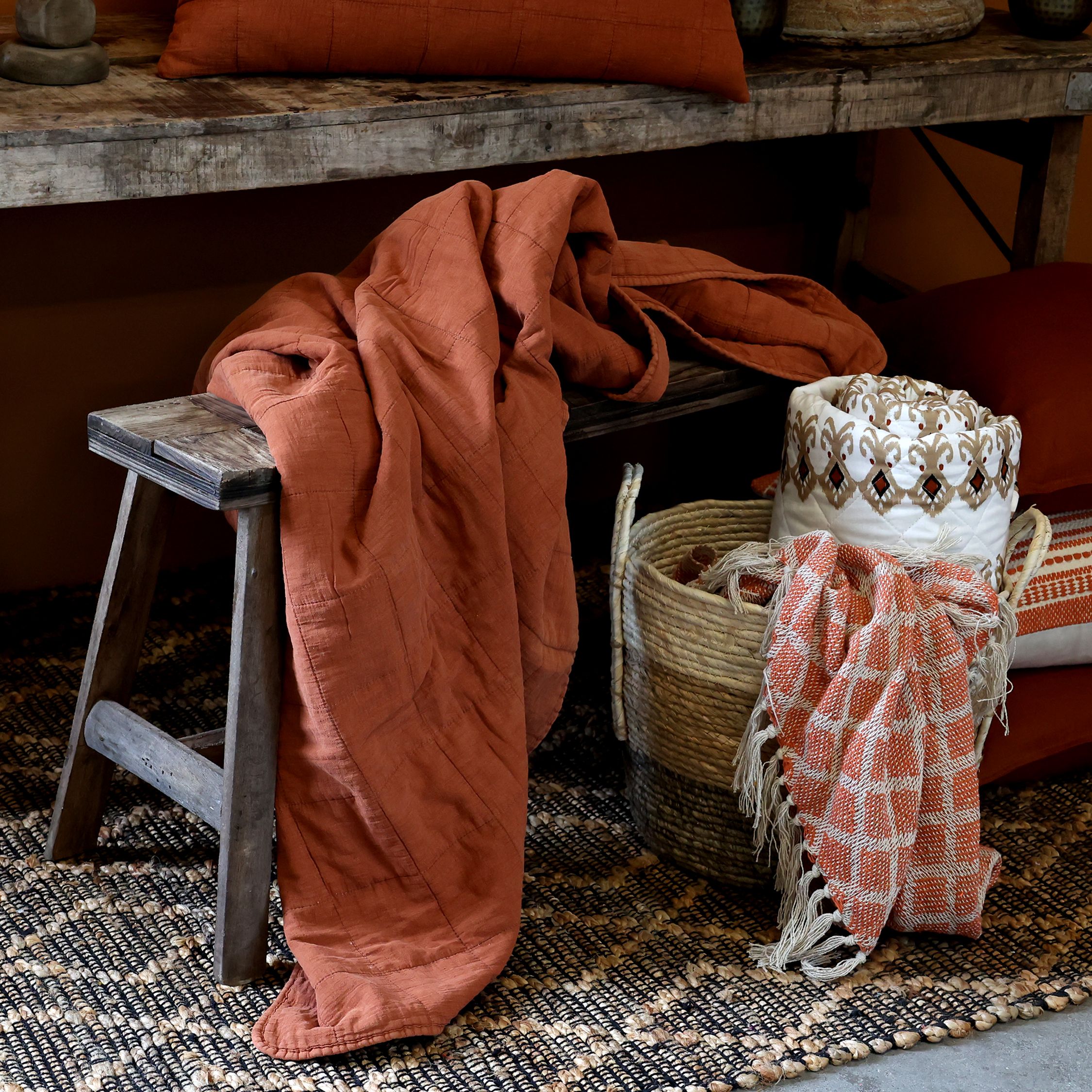 Vintage Quilt in Terracotta, 180 cm lang