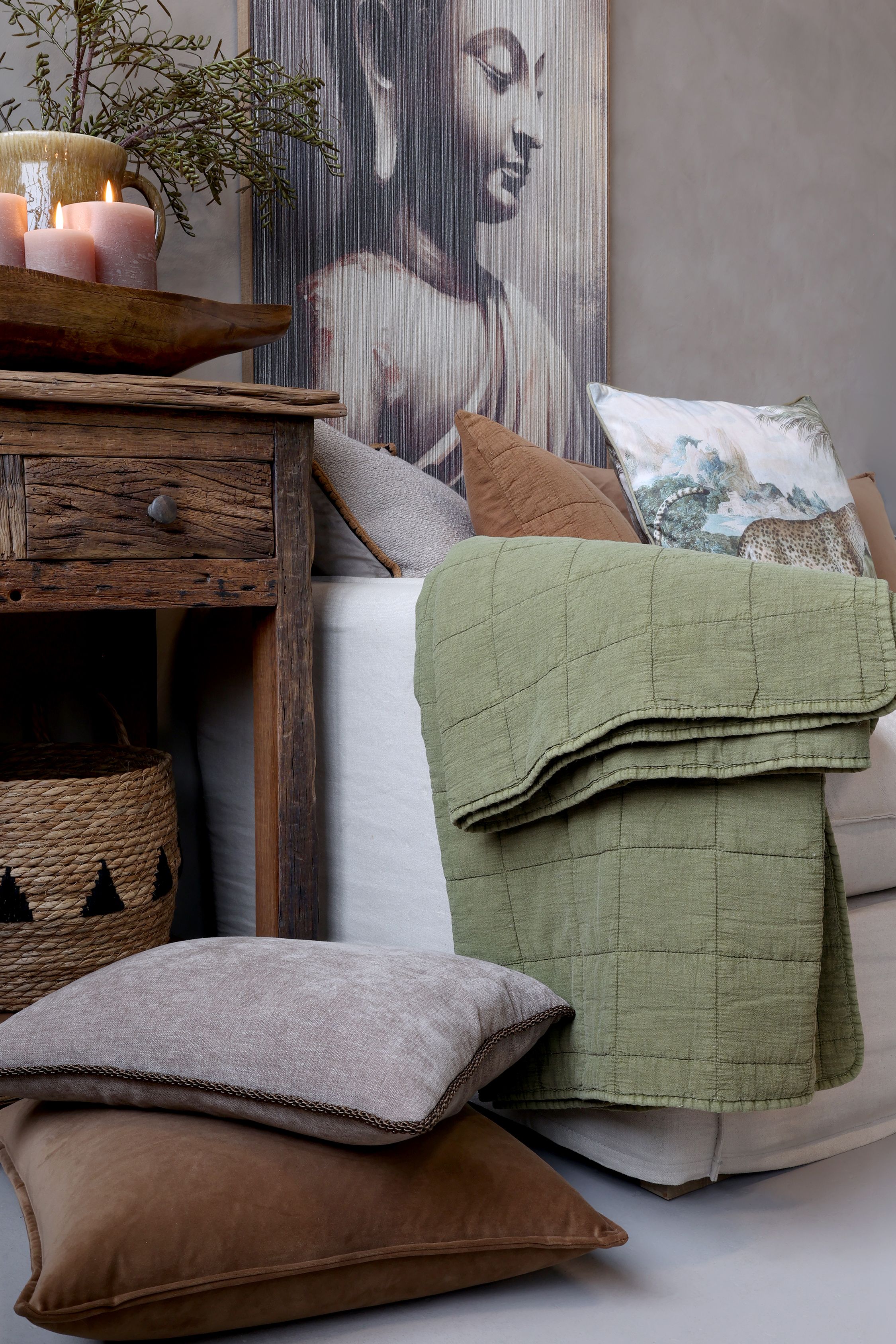 Baumwoll-Quilt Aix Vintage in Oliv, 180x130 cm