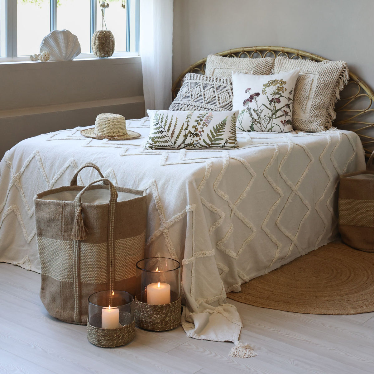Baumwoll-Plaid mit Quasten, 240x260 cm, off white