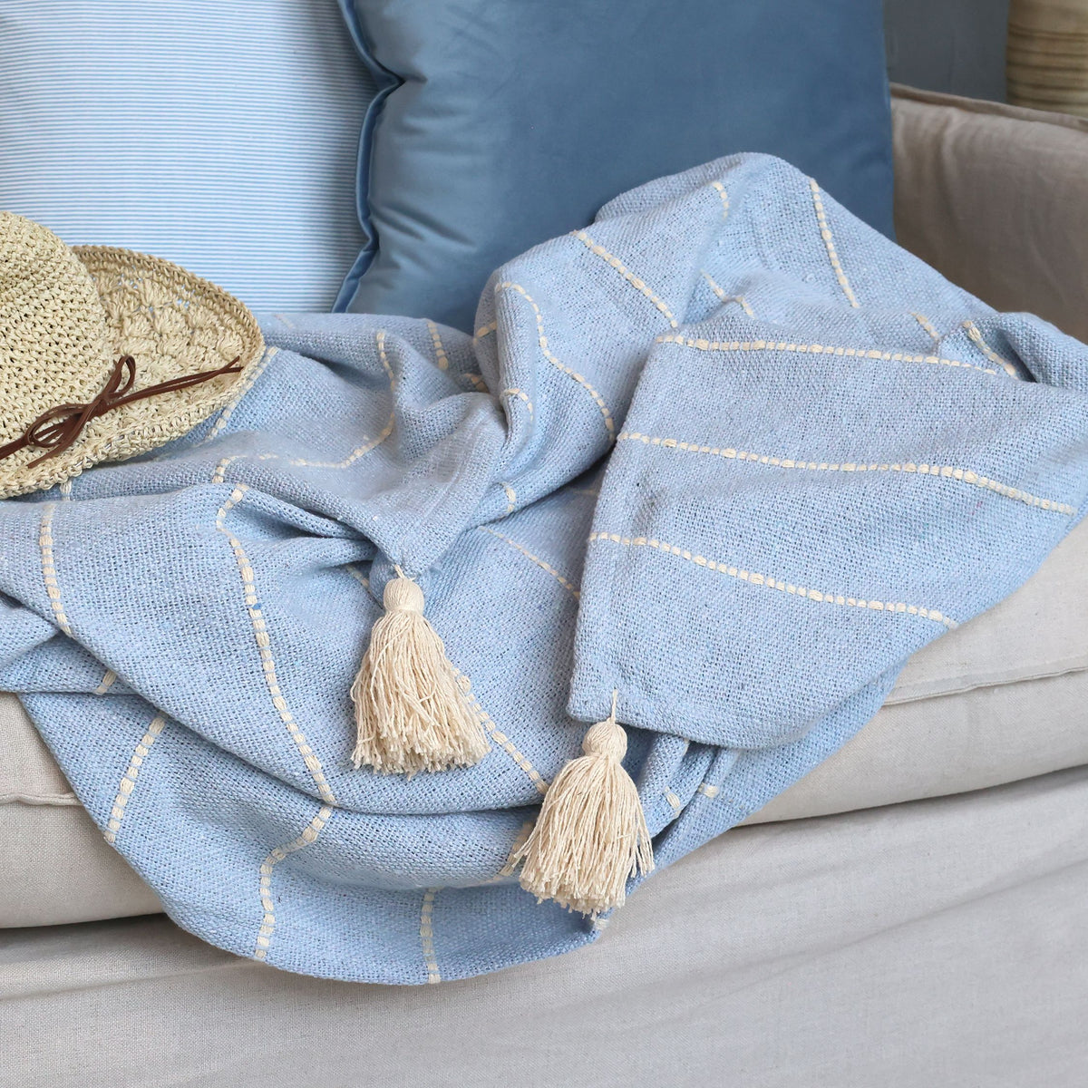 Plaid Decke sky blue aus Baumwolle und recycelten Fasern