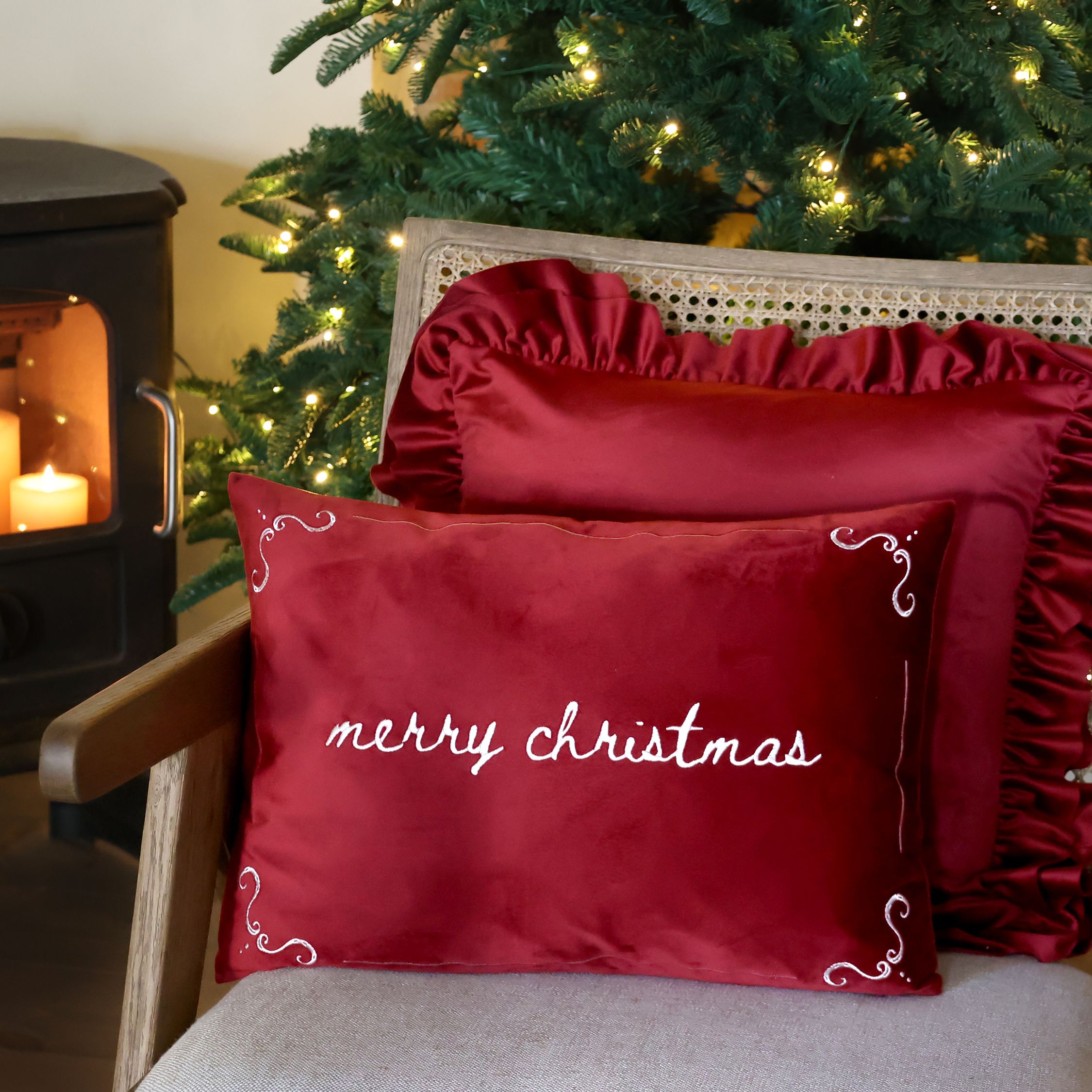 Kissenbezug mit Merry Christmas-Stickerei, 50x35 cm, Cherry