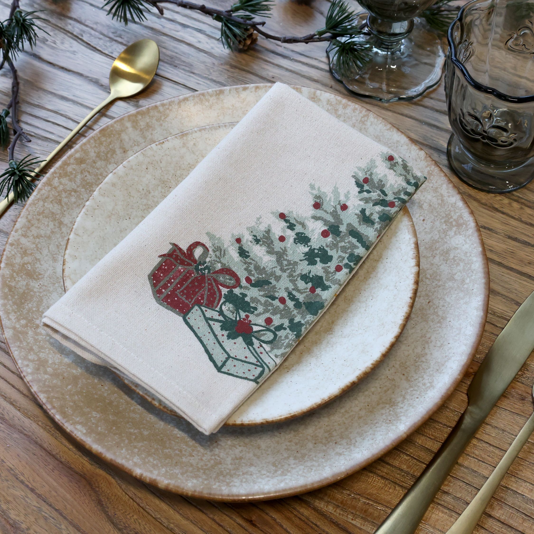 Aix Stoffserviette mit Weihnachtsbaum, 40x40 cm, leinen
