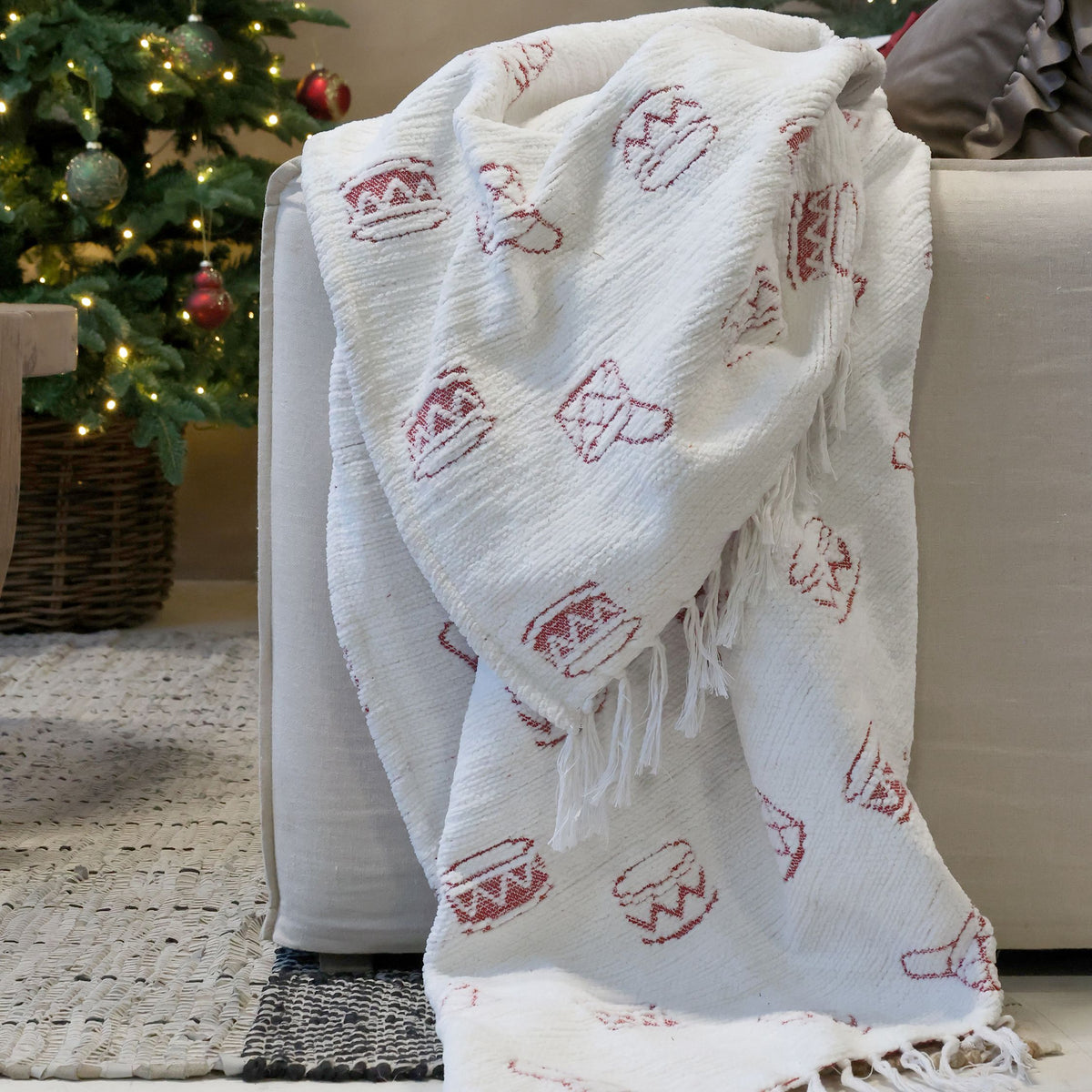 Plaid Decke aus Chenille in Creme und Cherry