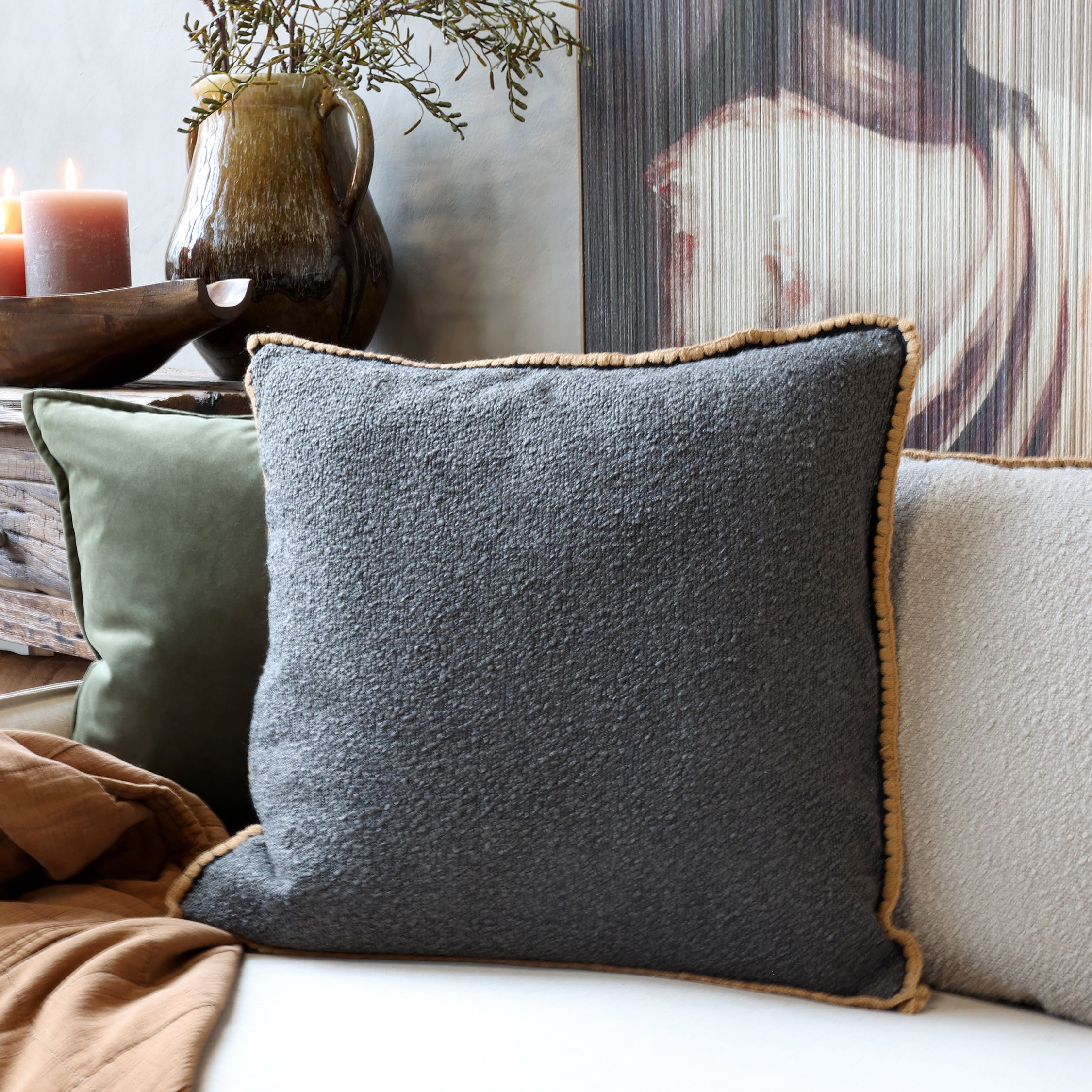 Kissenbezug Aix mit gehäkelter Kante, 50x50 cm, thunder grey