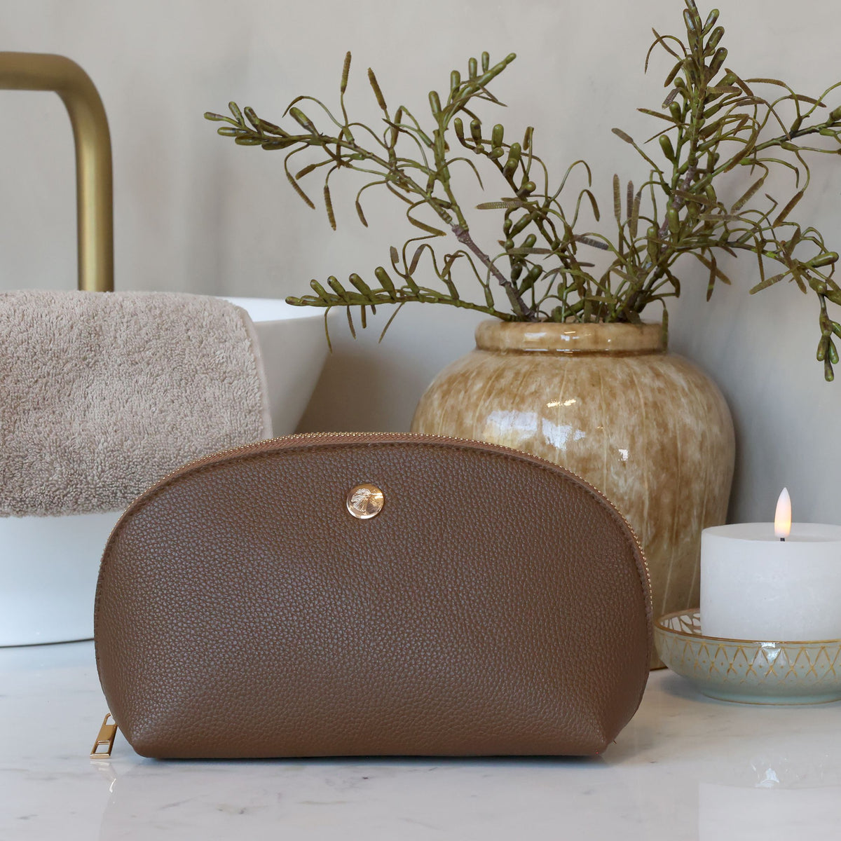Kulturtasche coffee aus PU und Baumwolle, 20,5 cm lang