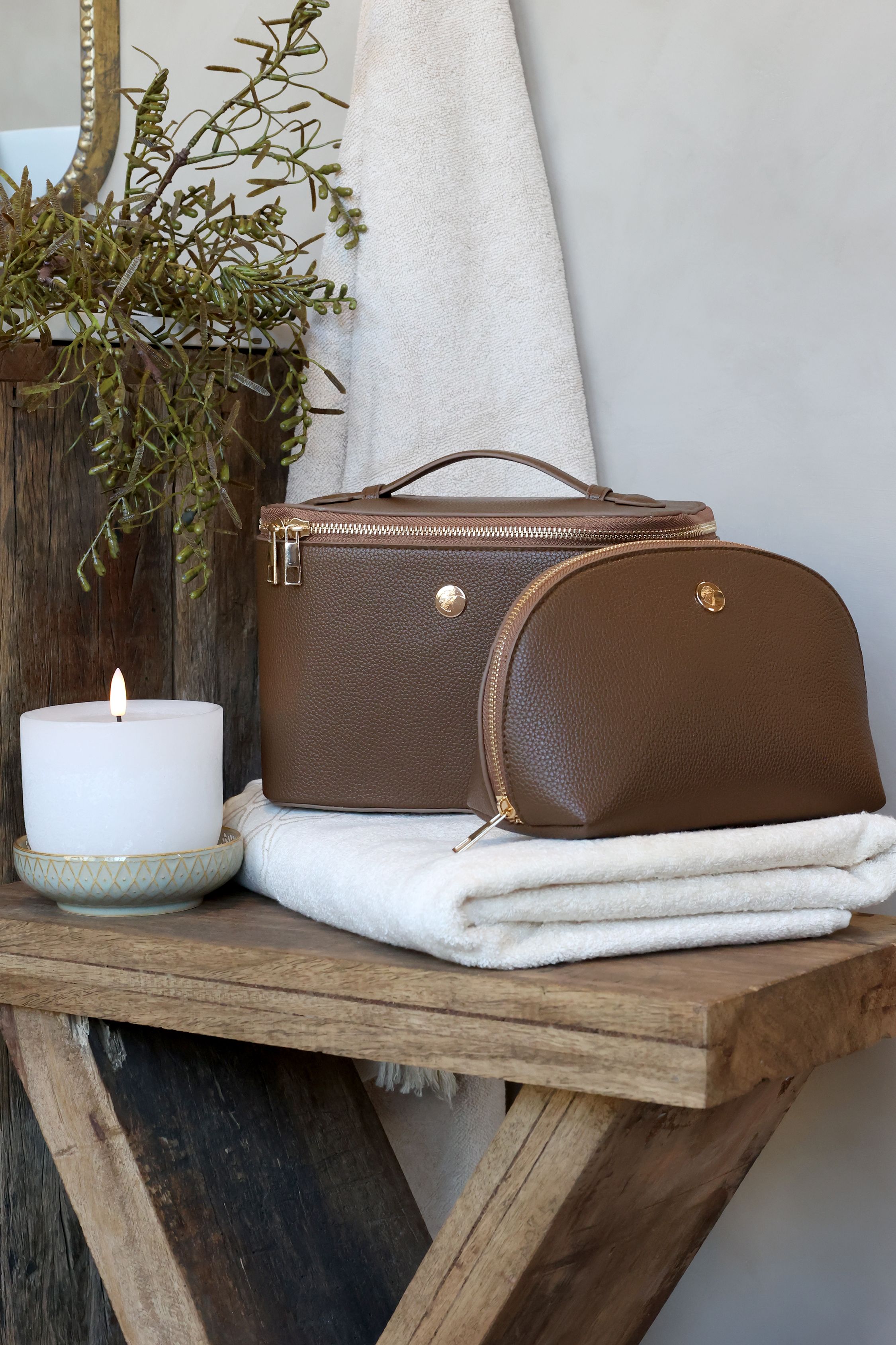 Kulturtasche coffee aus PU und Baumwolle, 22 cm lang