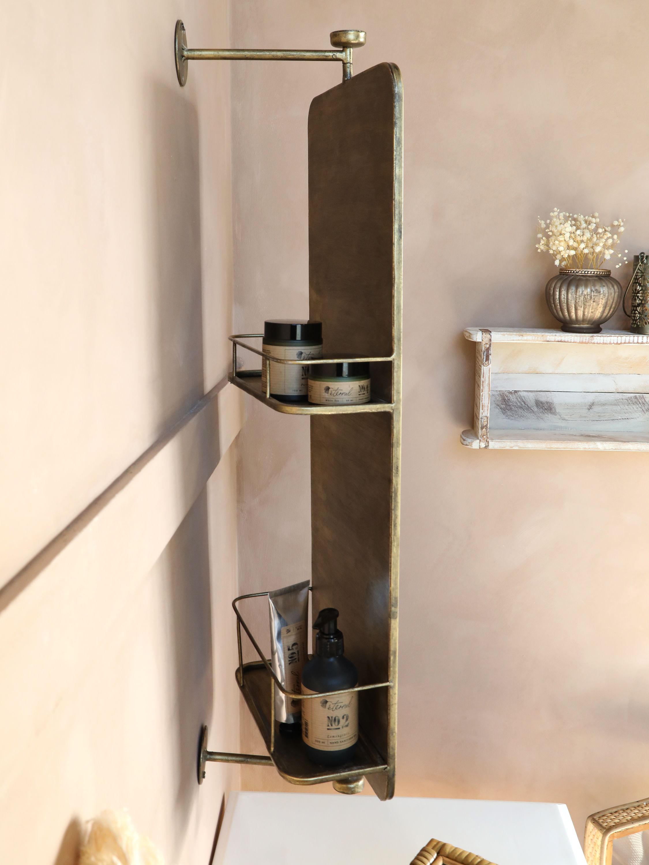 Drehbarer Wandspiegel mit 2 Regalen, Antik-Messing