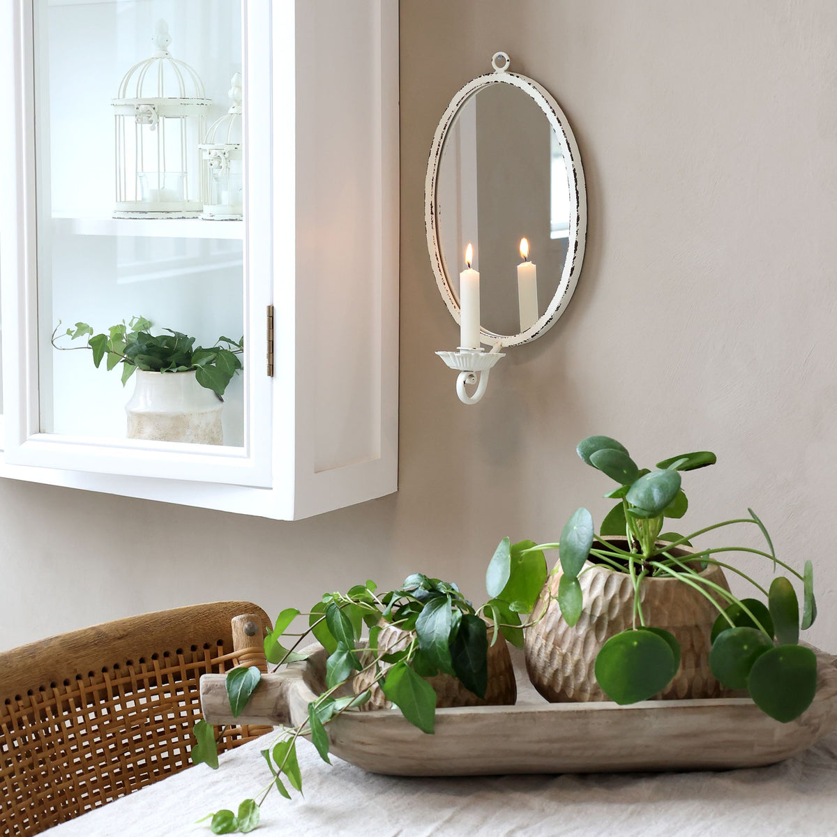Kerzenständer mit Spiegel und Lichthalter, antique creme