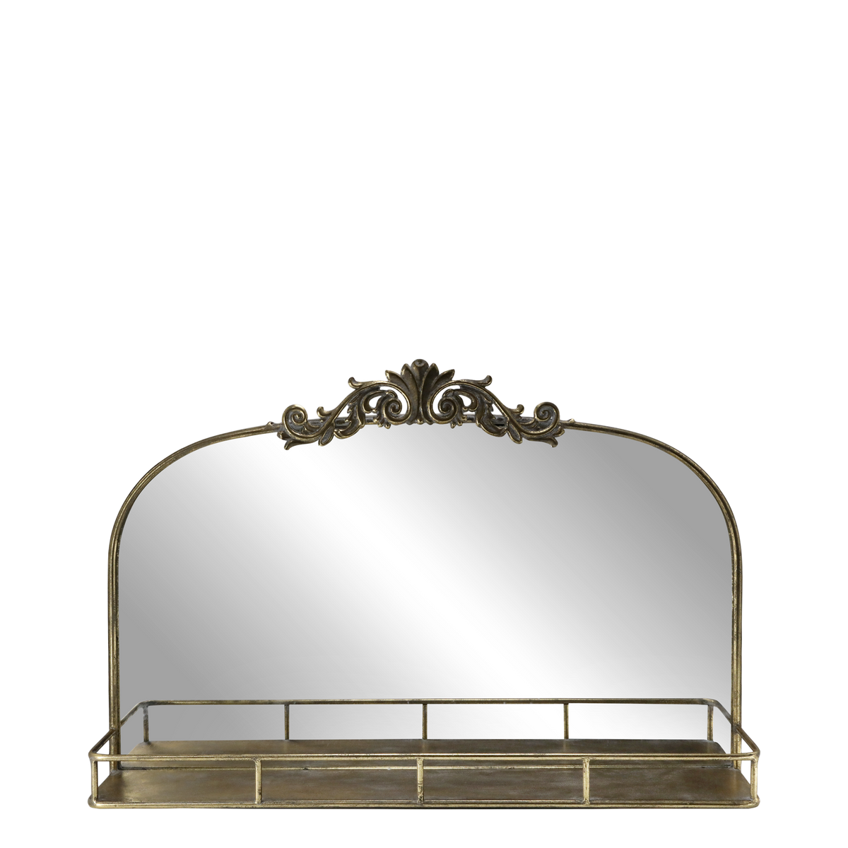 Spiegel mit Regal und Dekor in Antik-Messing, 56 cm hoch