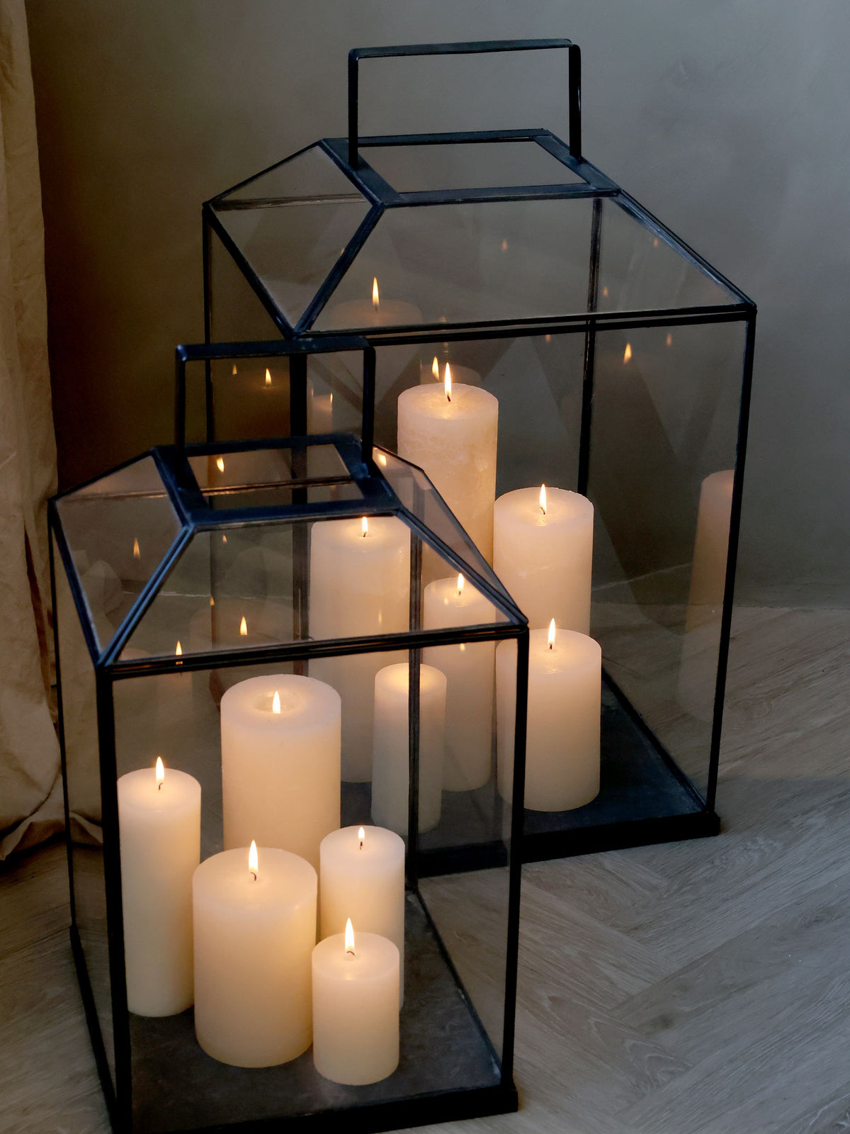 Laterne aus Glas und Eisen, 60 cm hoch, antique schwarz