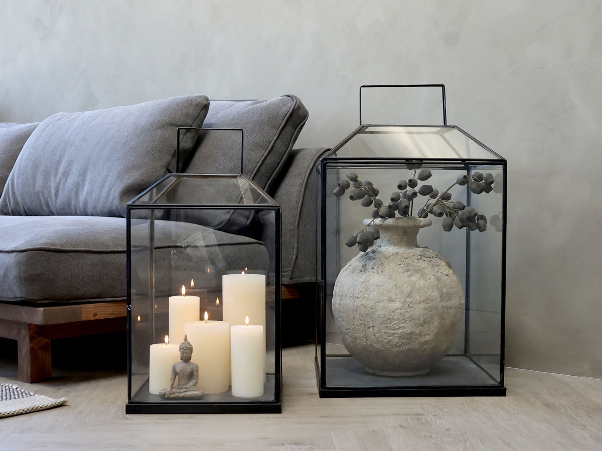 Laterne aus Glas und Eisen, 60 cm hoch, antique schwarz